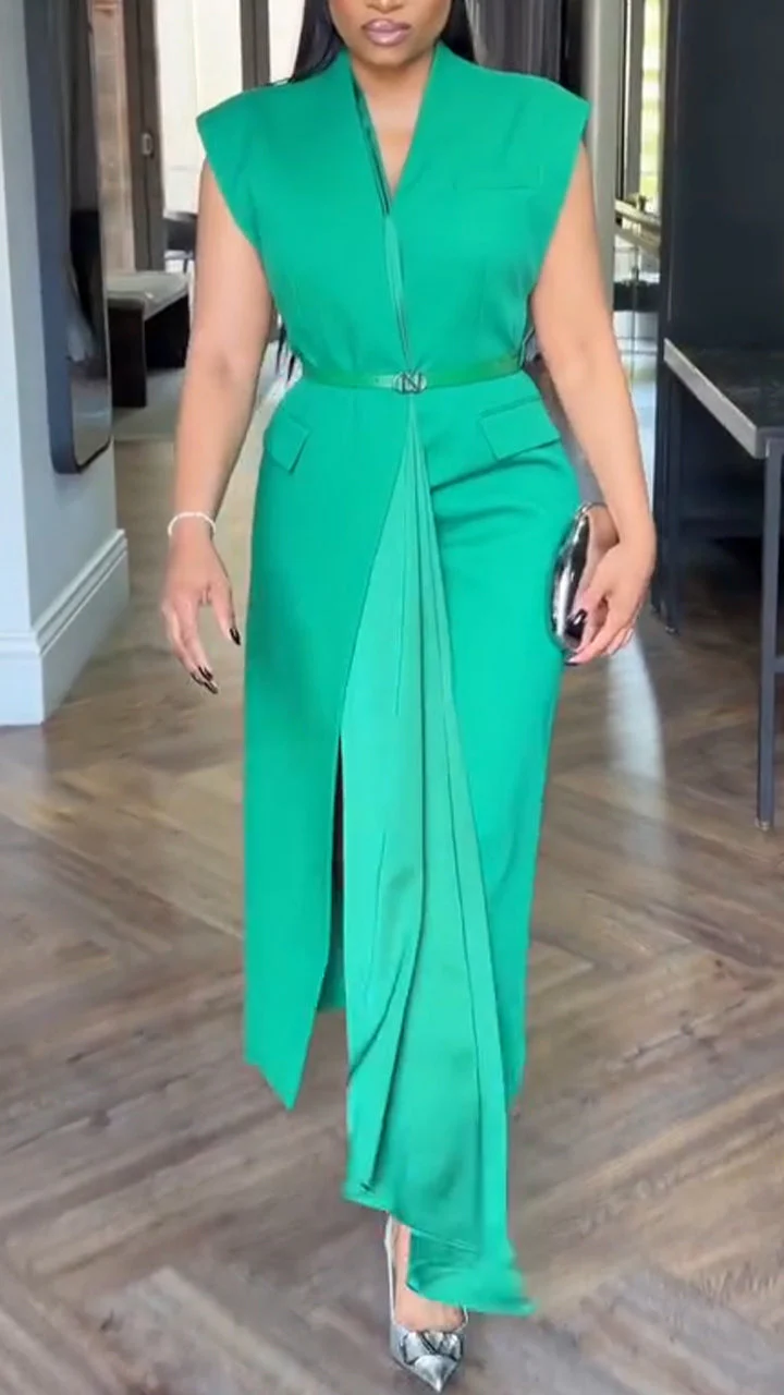 Women V-neck Solid Color Casual Dress with Temperament