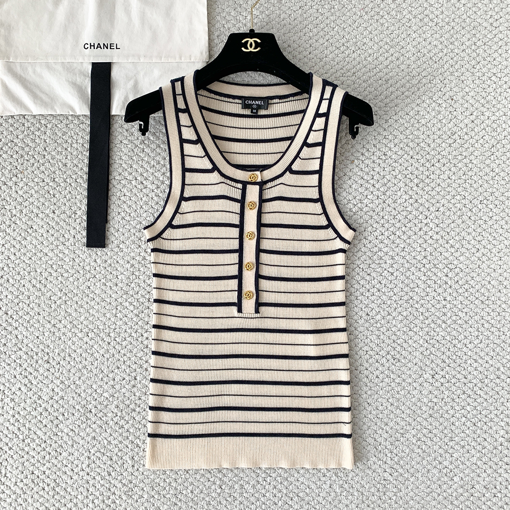 Chanel black Clothing Chanel Black and White Striped Buttoned Round Neck Knitted Vest #390242 | Nigo Office