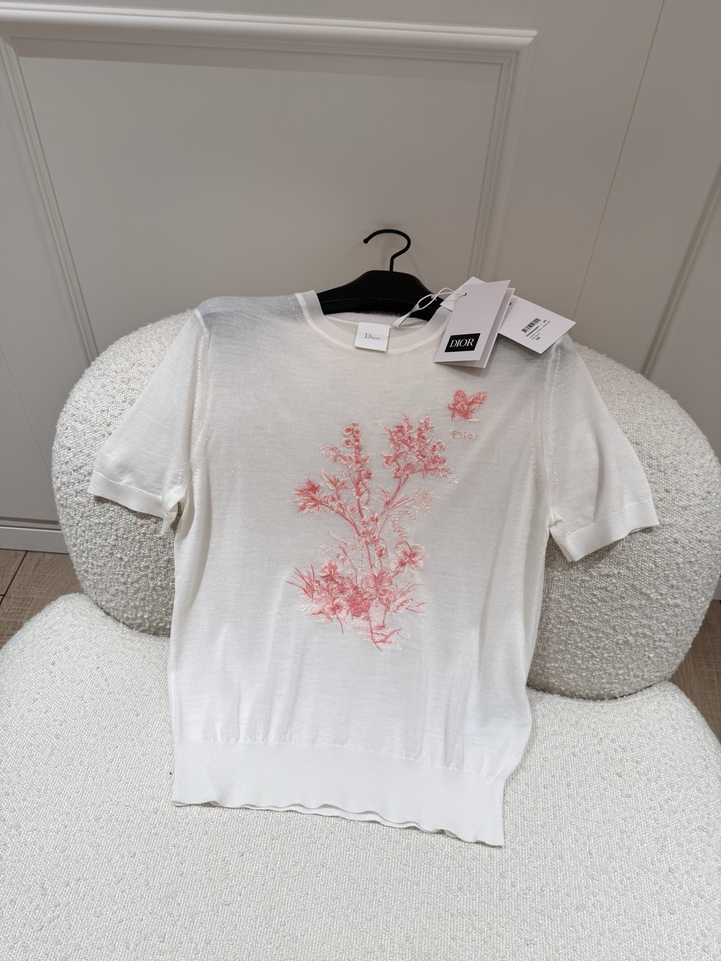 DIOR Short Sleeved Embroidered Sweater White Virgin Wool and Silk #380303