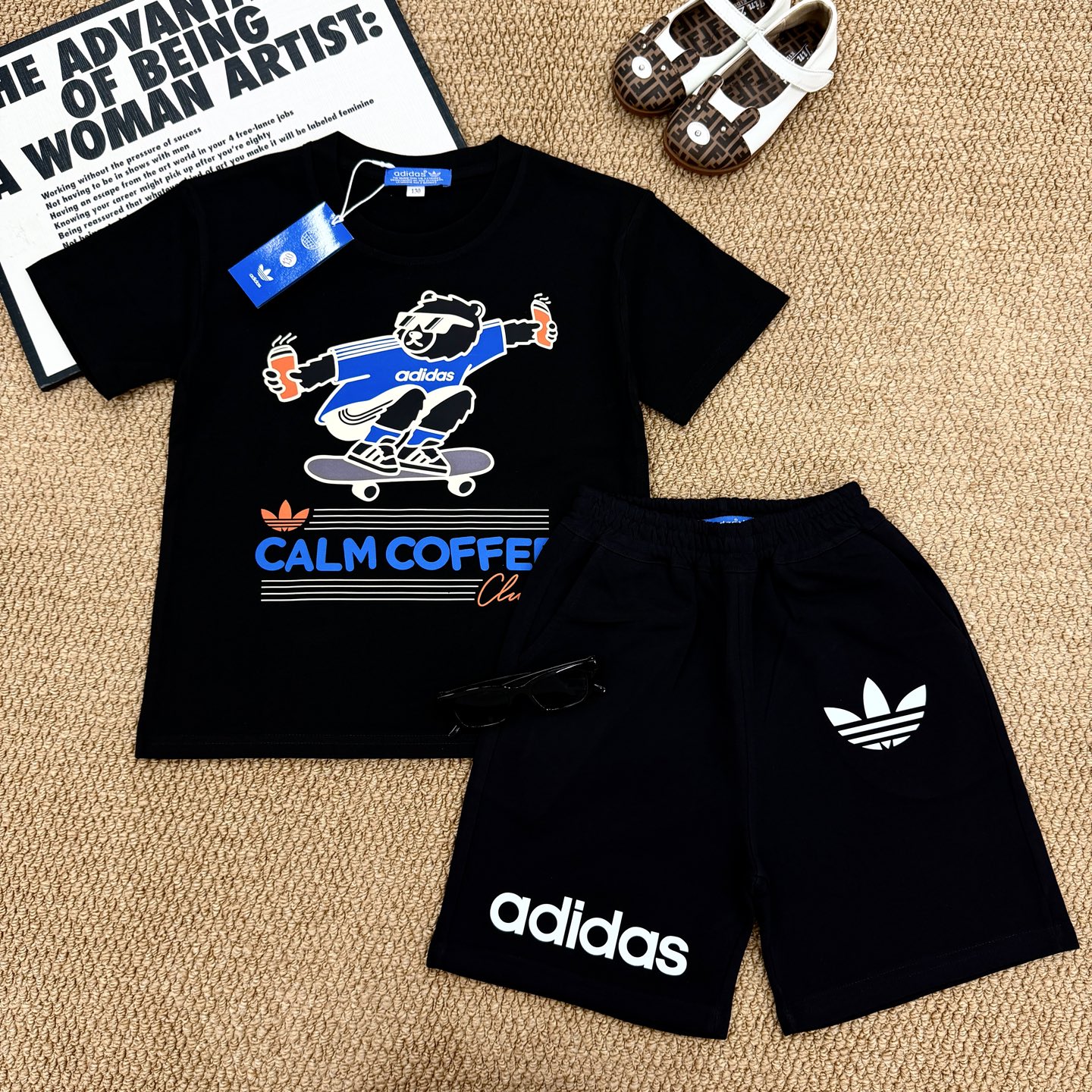 Adidas Kids 2Pcs Skate Bear CALM COFFEE Print Tee & Logo Shorts Matching Set For Boys Girls Full Original Tags Sizes 90-150