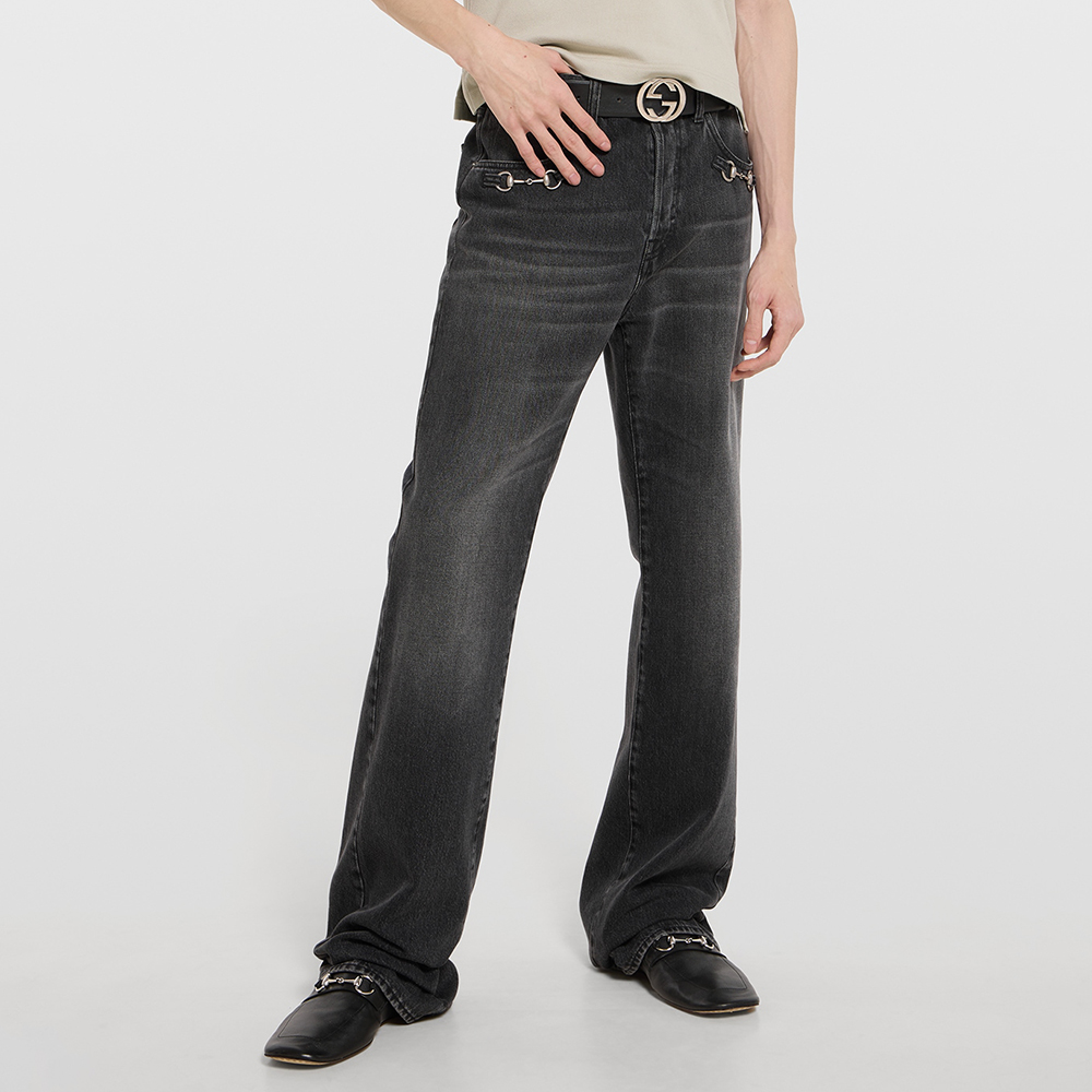 GUCCI Cotton Denim Pants With Horsebit Detail in Dark Grey #379683