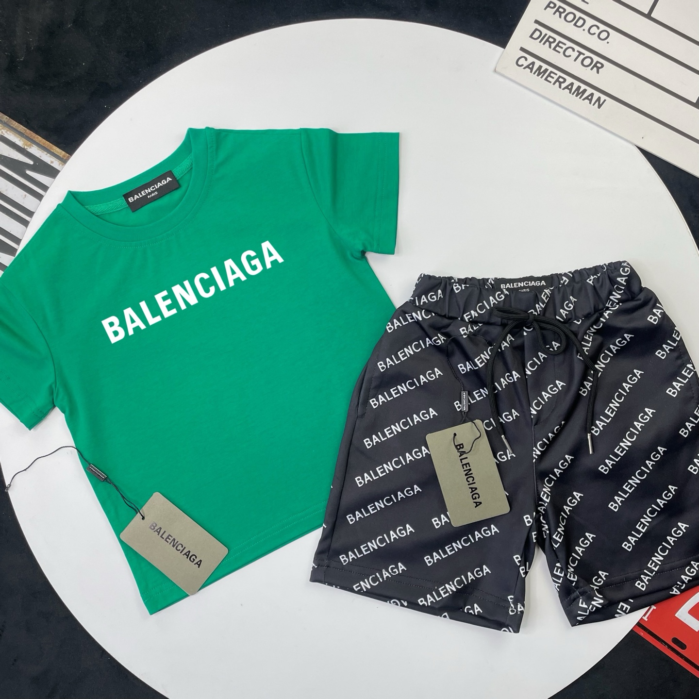 Balenciaga Unisex Kids Bright Green Solid White Letter Short Sleeve T-Shirt & Black All Over Letter Print Casual Shorts 2 Piece Set Boys Girls Sizes 90-150