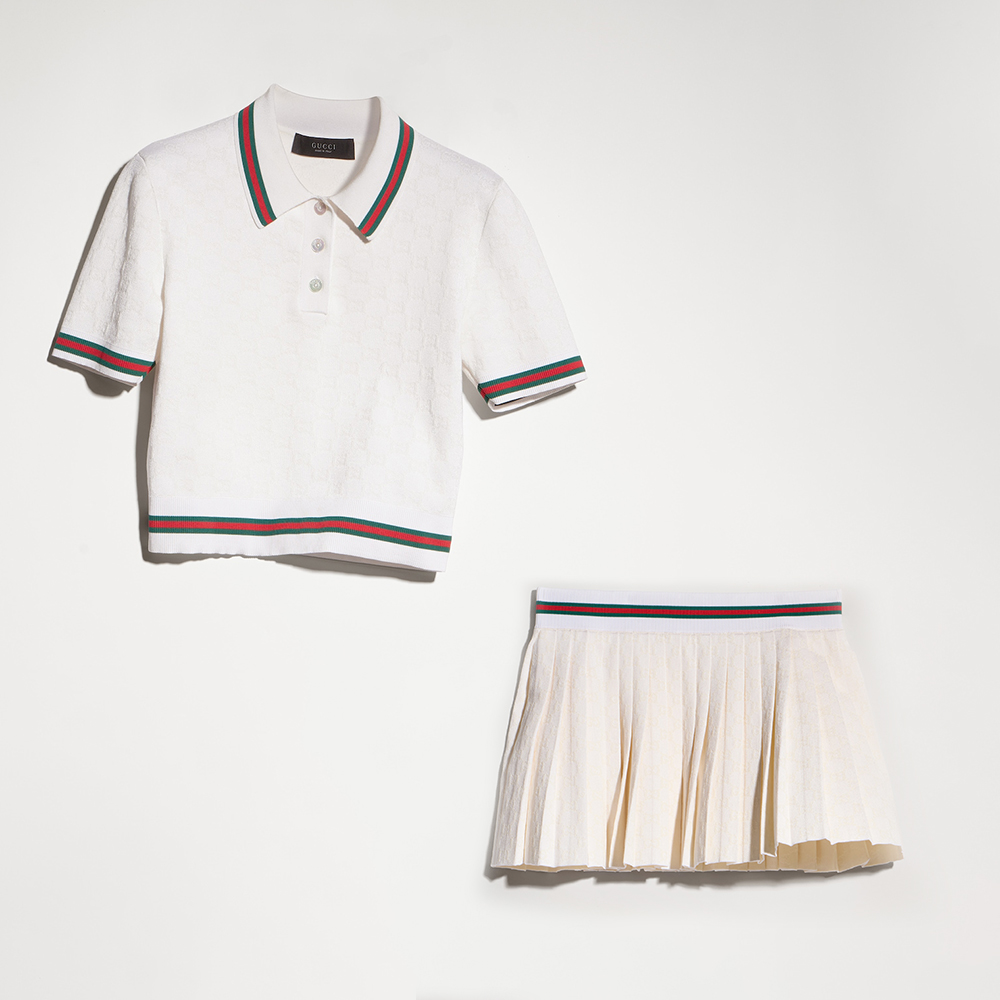 GUCCI GG Extra Fine Cotton Jacquard Polo Shirt and Miniskirt in Ivory #386527