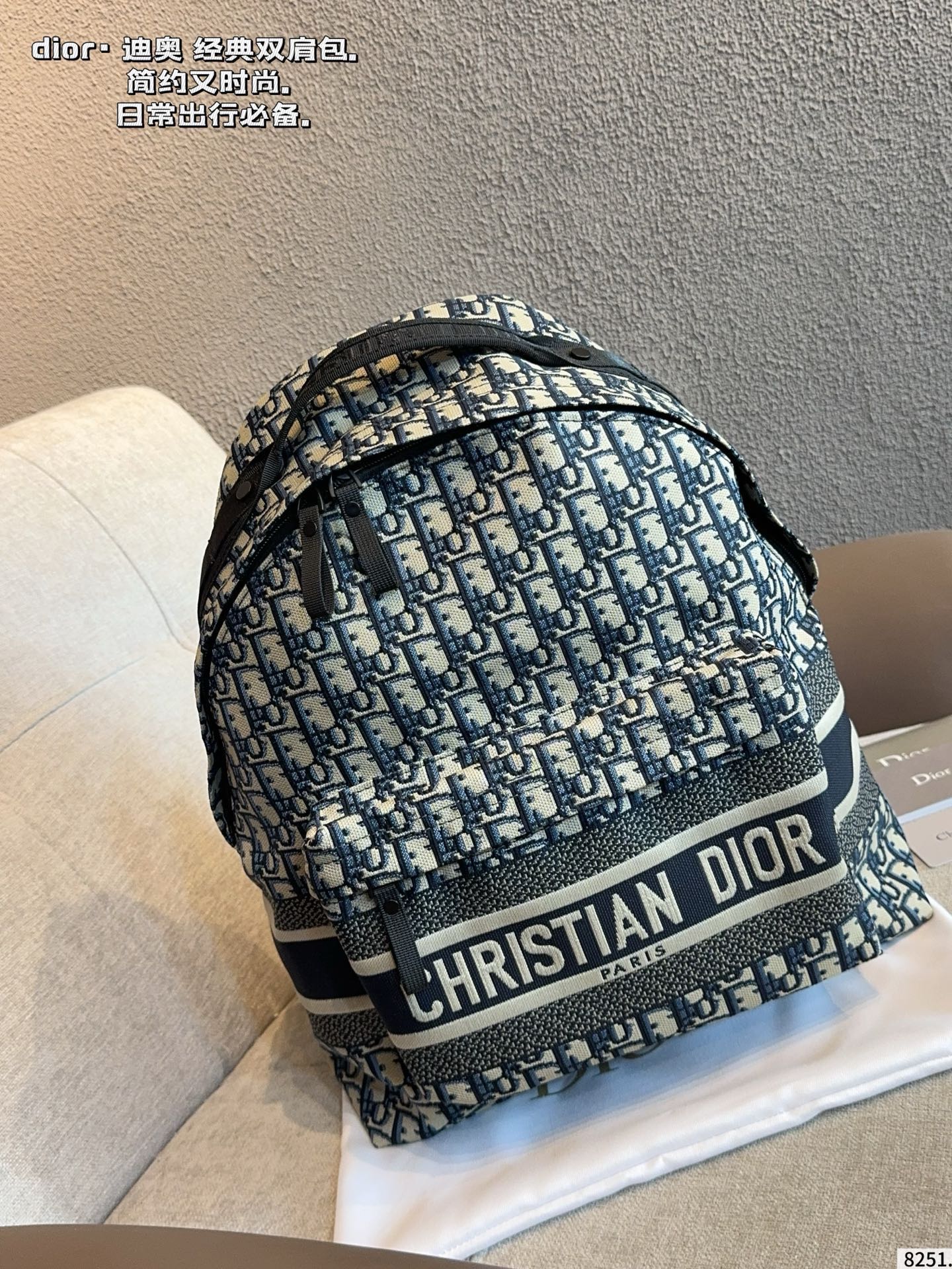 Dior Canvas Backpack with Logo Pattern, Zipper Closure, Adjustable Straps (Replica)