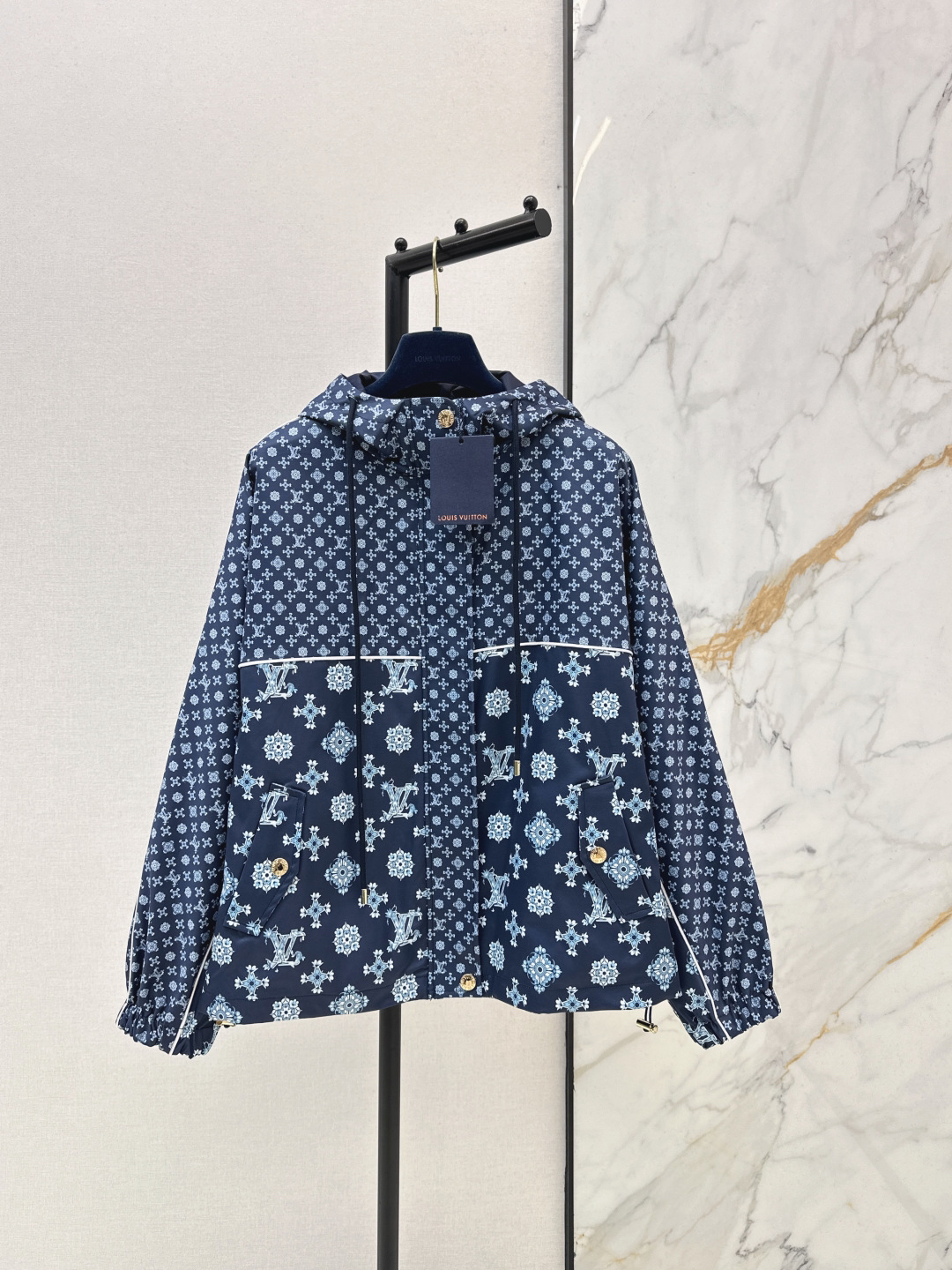 [TOP] Louis Vuitton LV Hooded Zip-Up Monogram Trench Coat - Navy Blue