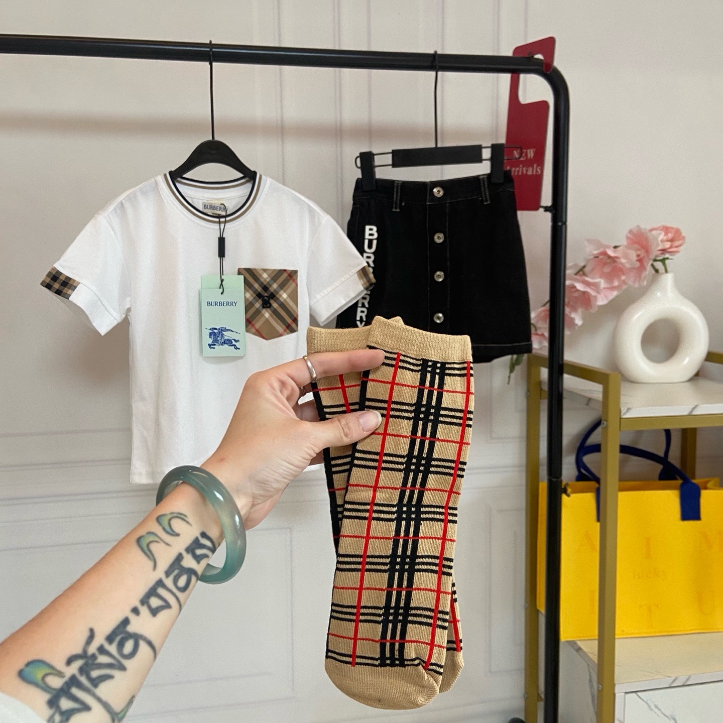 Burberry Girls Vintage Check Patch Pocket Short Sleeve T-Shirt & Letter Print Denim Skirt Matching Set With Check Socks Kids Sizes 100-170