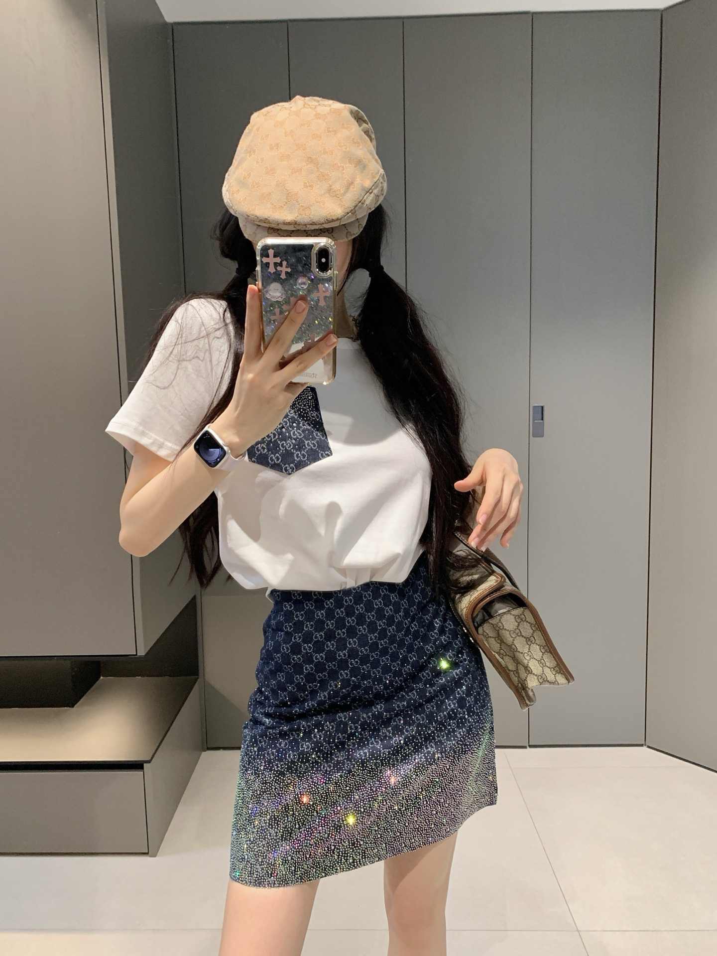[TOP] GUCCI T-shirt + Skirt Set - White/Navy Blue