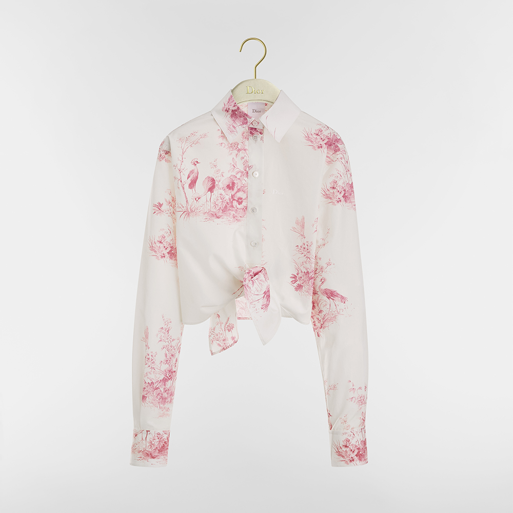 DIOR Dioriviera Tied Cropped Blouse White and Pink Toile de Jouy Floral Garden Cotton Poplin #384691