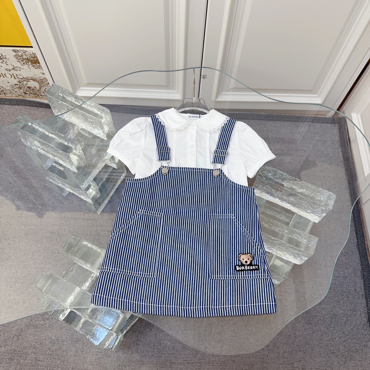 Burberry Girls White Lace Collar Puff Sleeve Blouse & Navy Striped Denim Bear Embroidery Overall Skirt 2 Piece Matching Set Sizes 100-150