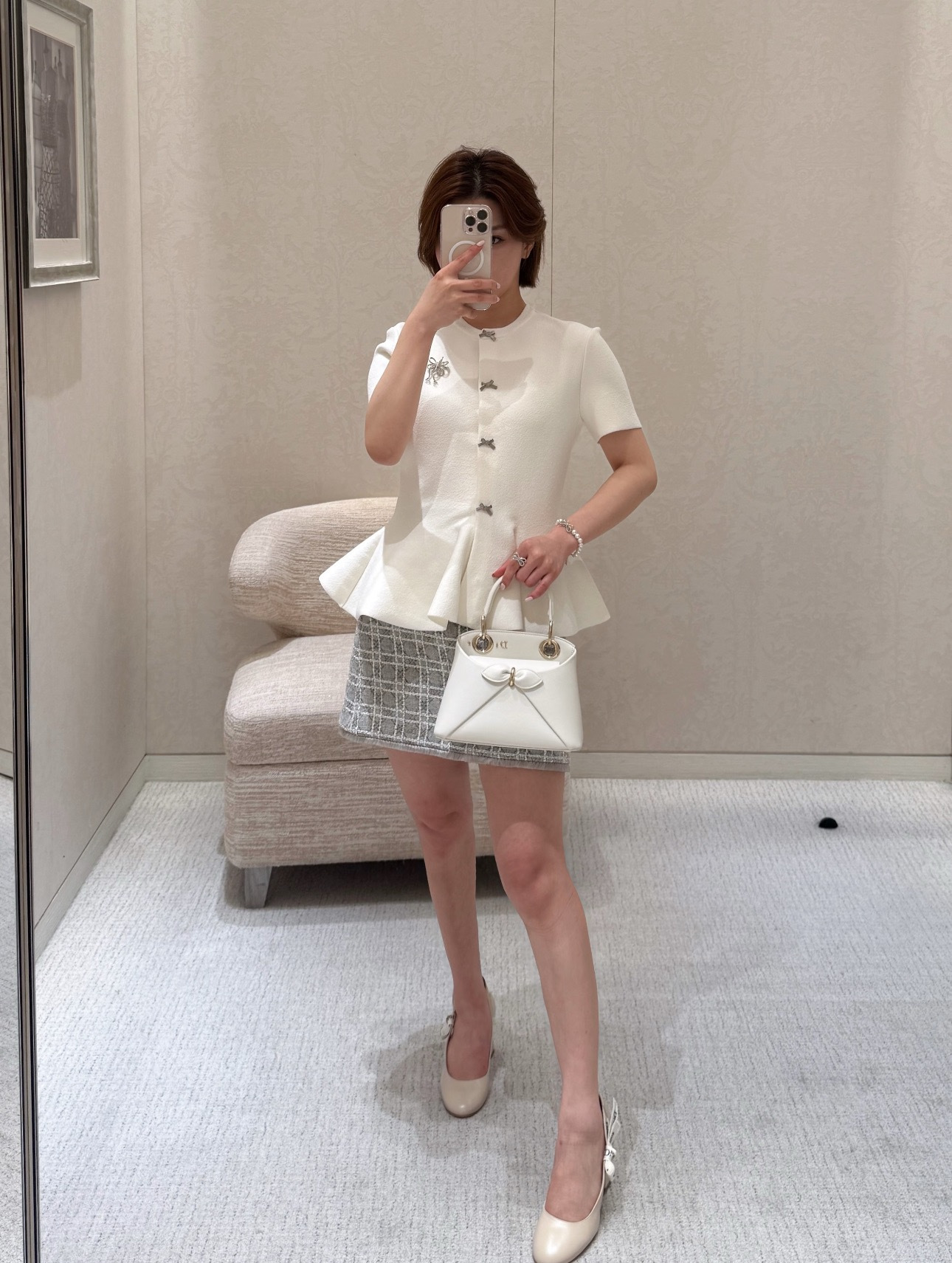Dior white Clothing DIOR Short-Sleeved Peplum Jacket White Virgin Wool-Blend Bouclé Knit #396084 View 2 | Nigo Office