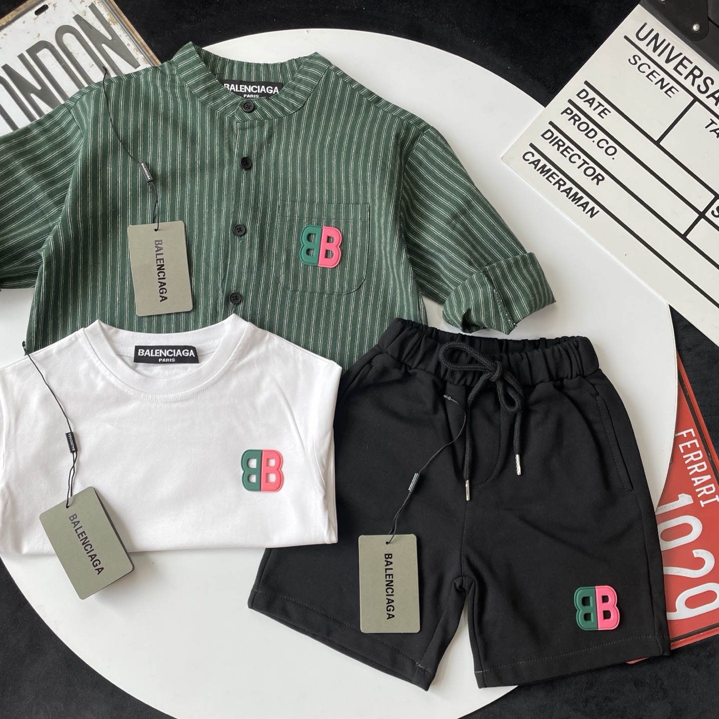 Balenciaga Unisex Kids Color BB Patch Short Sleeve T-Shirt Striped Stand Collar Shirt & Casual Shorts 3 Piece Outfit Boys Girls Sizes 90-150
