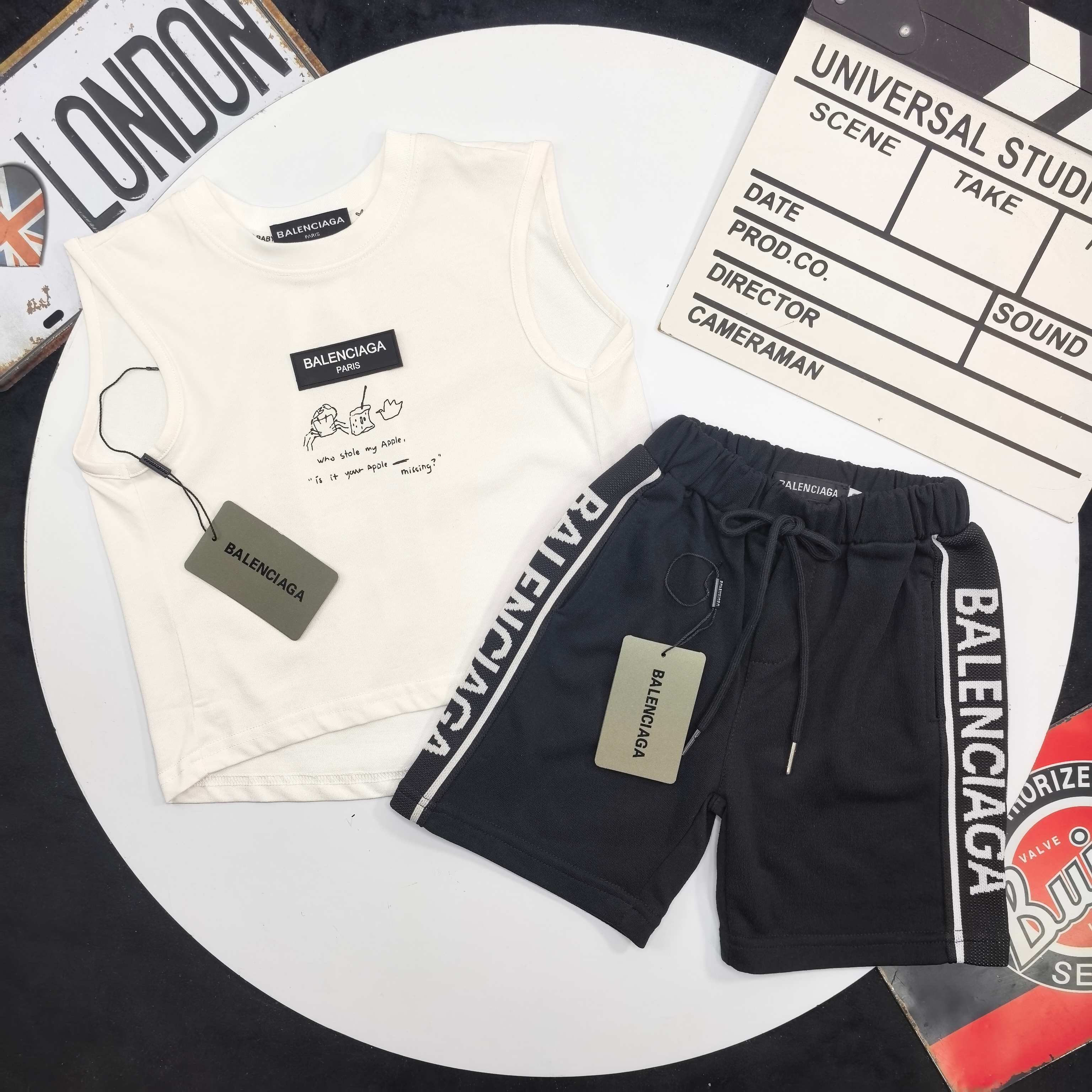Balenciaga Unisex Kids White Cartoon Sketch Sleeveless Tank Top & Black Double Side Woven Logo Stripe Sweat Shorts 2 Piece Set Boys Girls Sizes 90-150