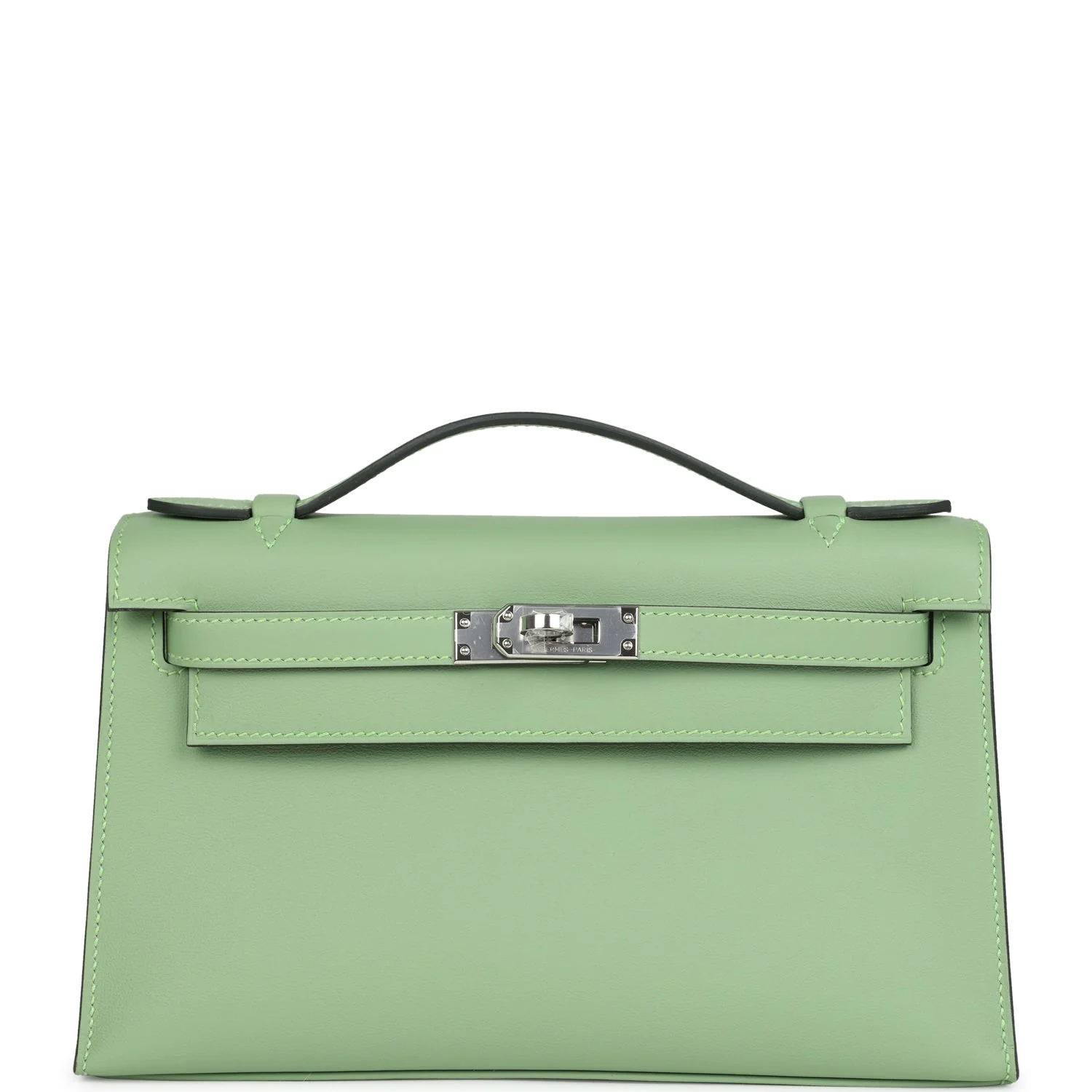 Hermes Kelly Pochette Vert Criquet Swift Palladium Hardware