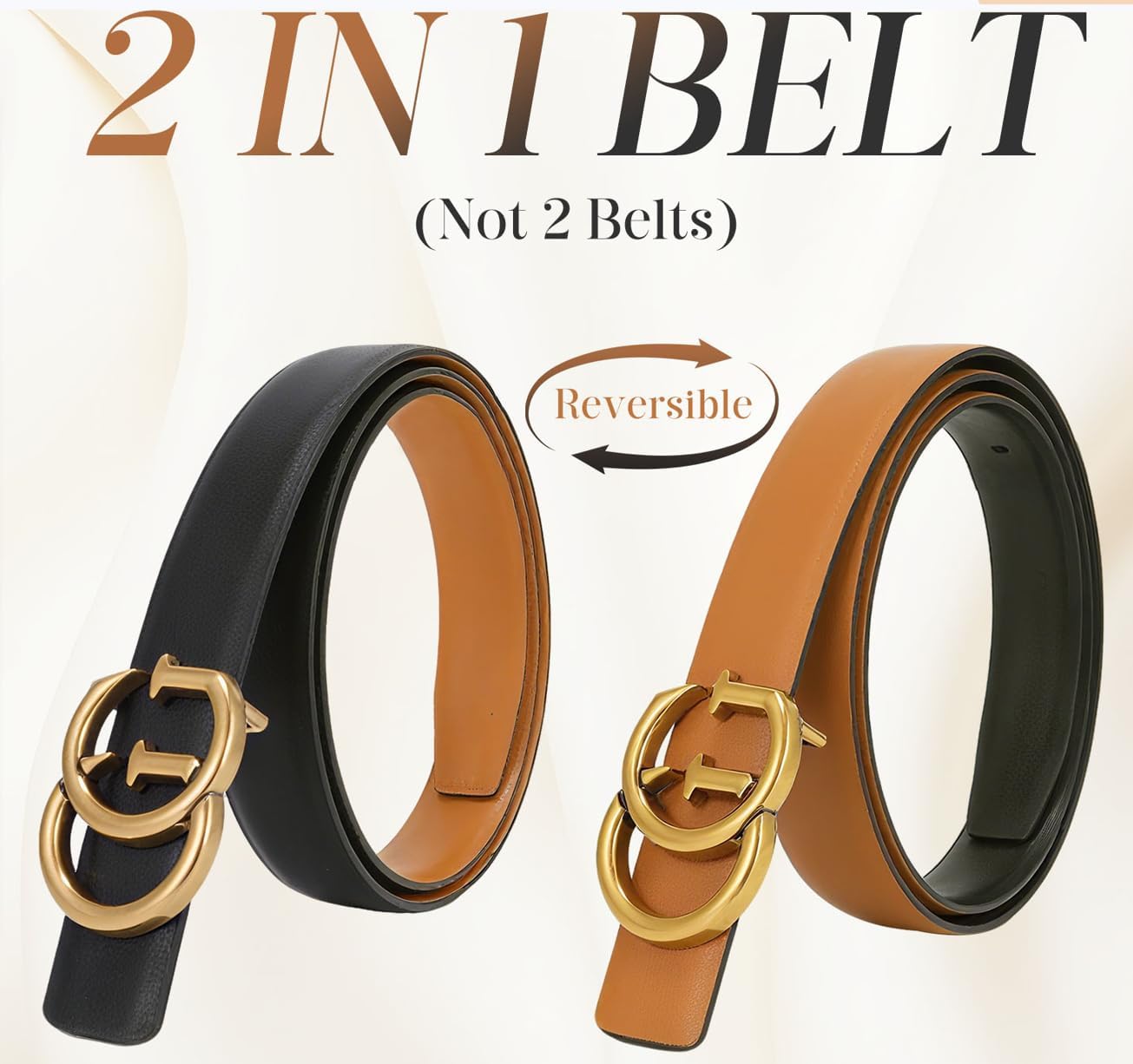 OXSLEN Women Reversible Leather Belt with Fashion G Gold Buckle for Dresses, Jeans, and Coats,width 0.9