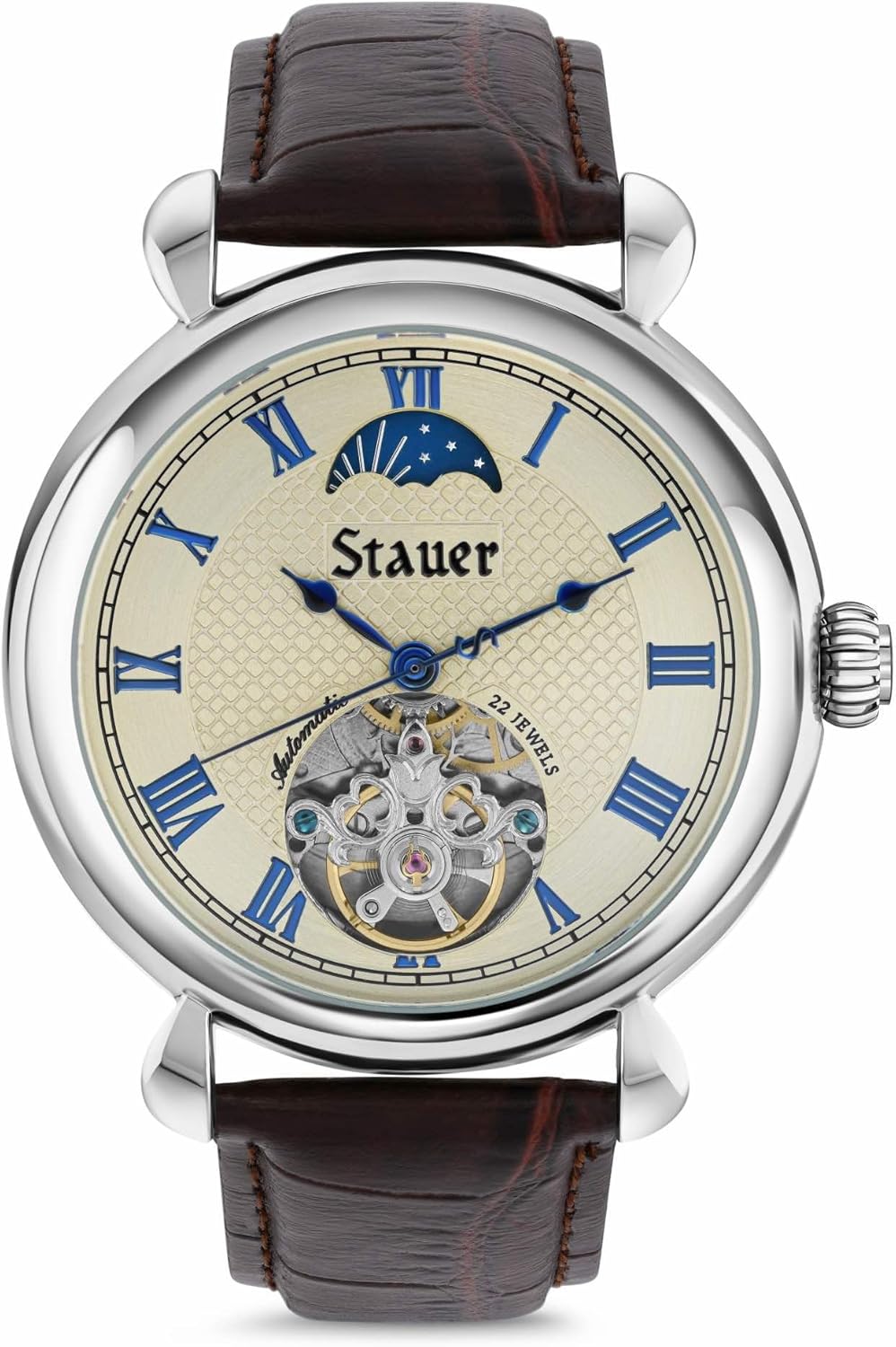 Stauer Copernicus Open Heart Automatic Watch for Men – 42mm Case, Guilloché Face and Blue Roman Numeral Hands, Sun-Moon Dial and Brown Leather Strap
