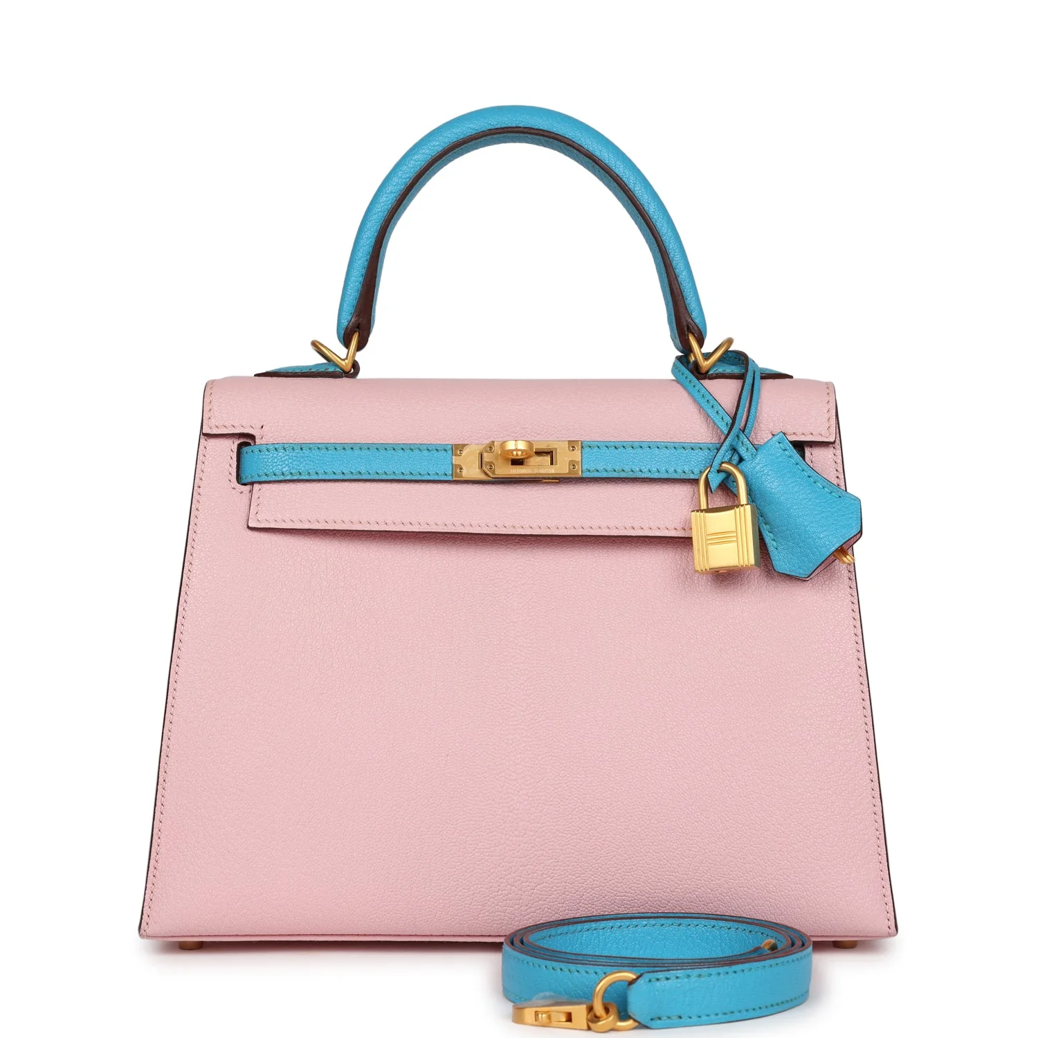 Hermes Special Order (HSS) Kelly Sellier  Rose Sakura and Bleu Aztec Chevre Brushed Gold Hardware