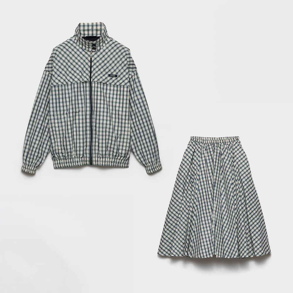 Prada Checked Poplin Jacket and Ivory Blue Full Checked Chambray Skirt #383036