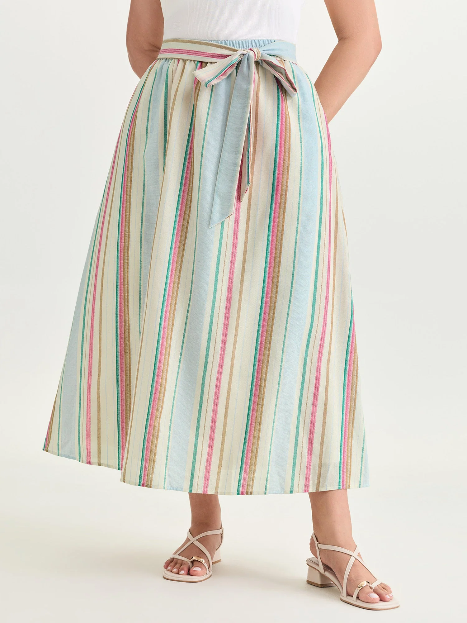 Colorful Striped Print Waist-Tie Maxi Skirt