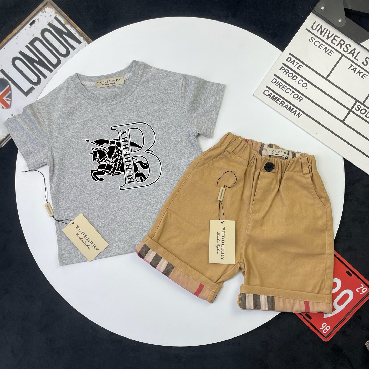 Burberry Unisex Kids Big B Equestrian Knight Print Short Sleeve T Shirt & Plaid Cuff Elastic Waist Chino Shorts Two Piece Matching Set Boys Girls Sizes 100-160
