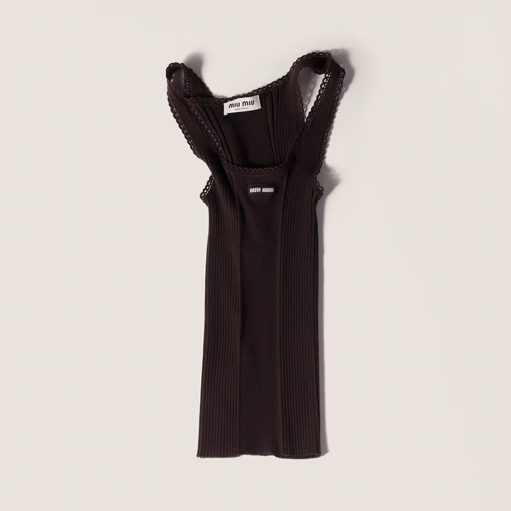 Designer brown Clothing MiuMiu Dark Brown Ribbed Knit Wool Tank Top #393121 | Nigo Office