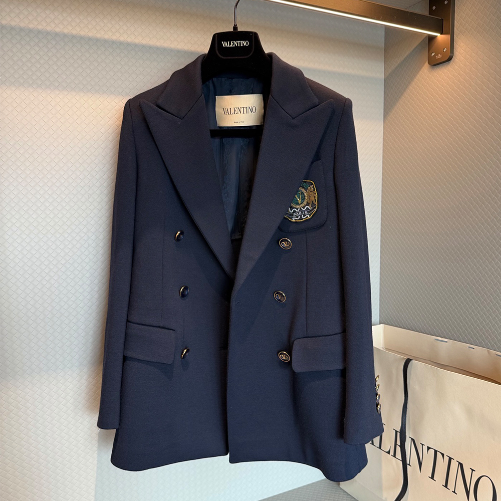 Valentino blue Clothing Valentino Dark Blue Double-breasted Embroidered Badge Blazer #390171 | Nigo Office