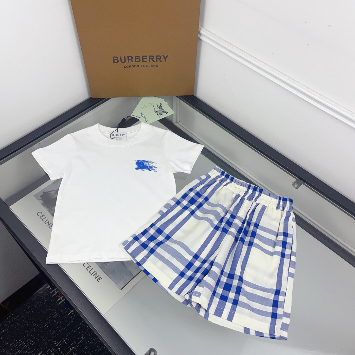 Burberry Unisex Kids White Equestrian Logo Short Sleeve T-Shirt & Blue Vintage Check Shorts 2 Piece Summer Set Boys Girls Sizes 90-150