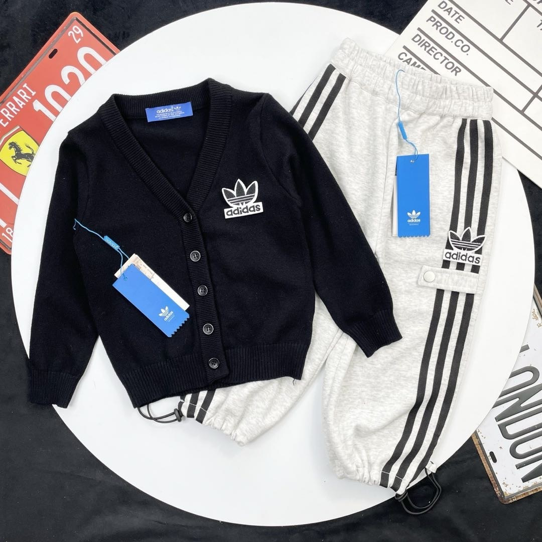 Adidas Kids 2Pcs Embroidered Trefoil Knit Cardigan & 3-Stripe Jogger Pants Set For Boys Girls Full Original Tags Sizes 90-150
