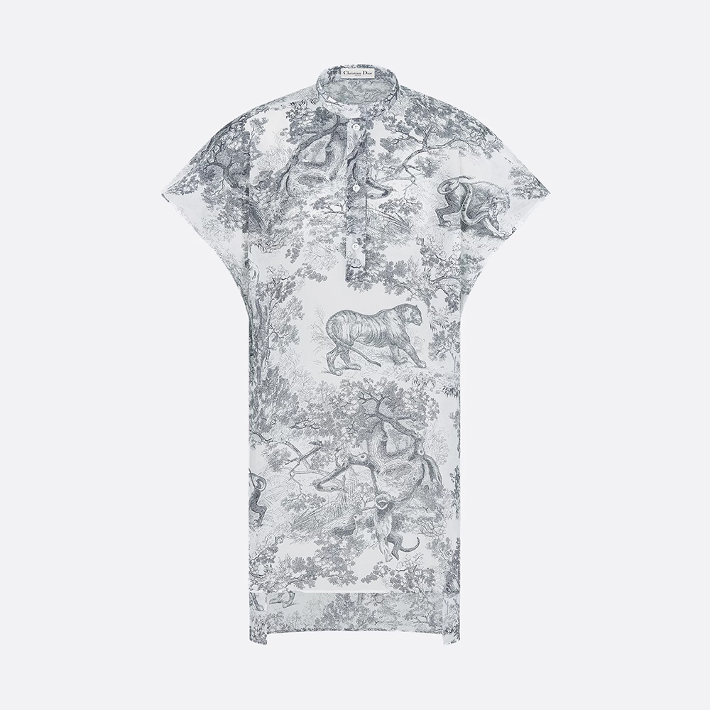 DIOR Dioriviera Long Blouse with Cap Sleeves White and Navy Blue Toile de Jouy Sauvage Cotton Muslin #310741