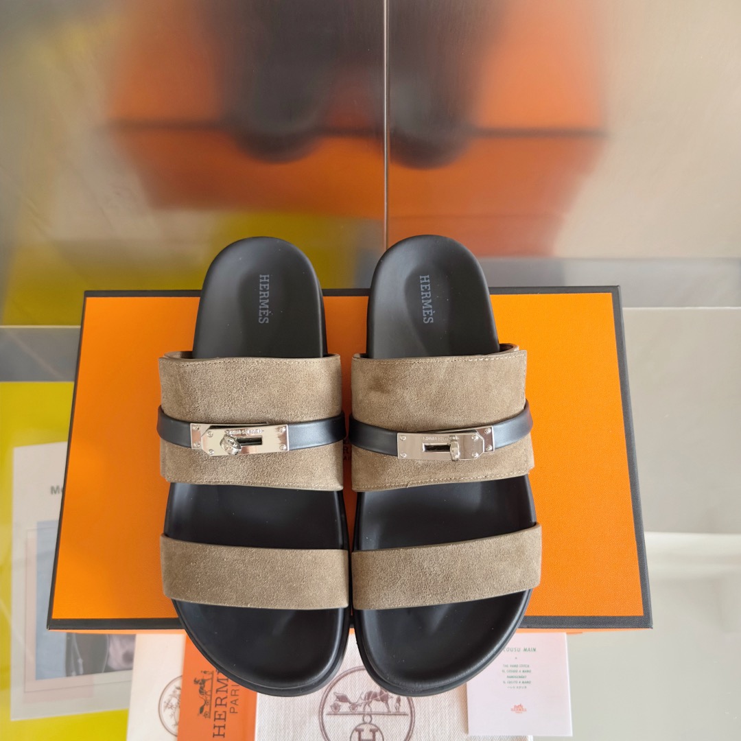 [TOP] HERMES Men's/Women's Jackson Calfskin Slippers - Gray - 711 Luxury