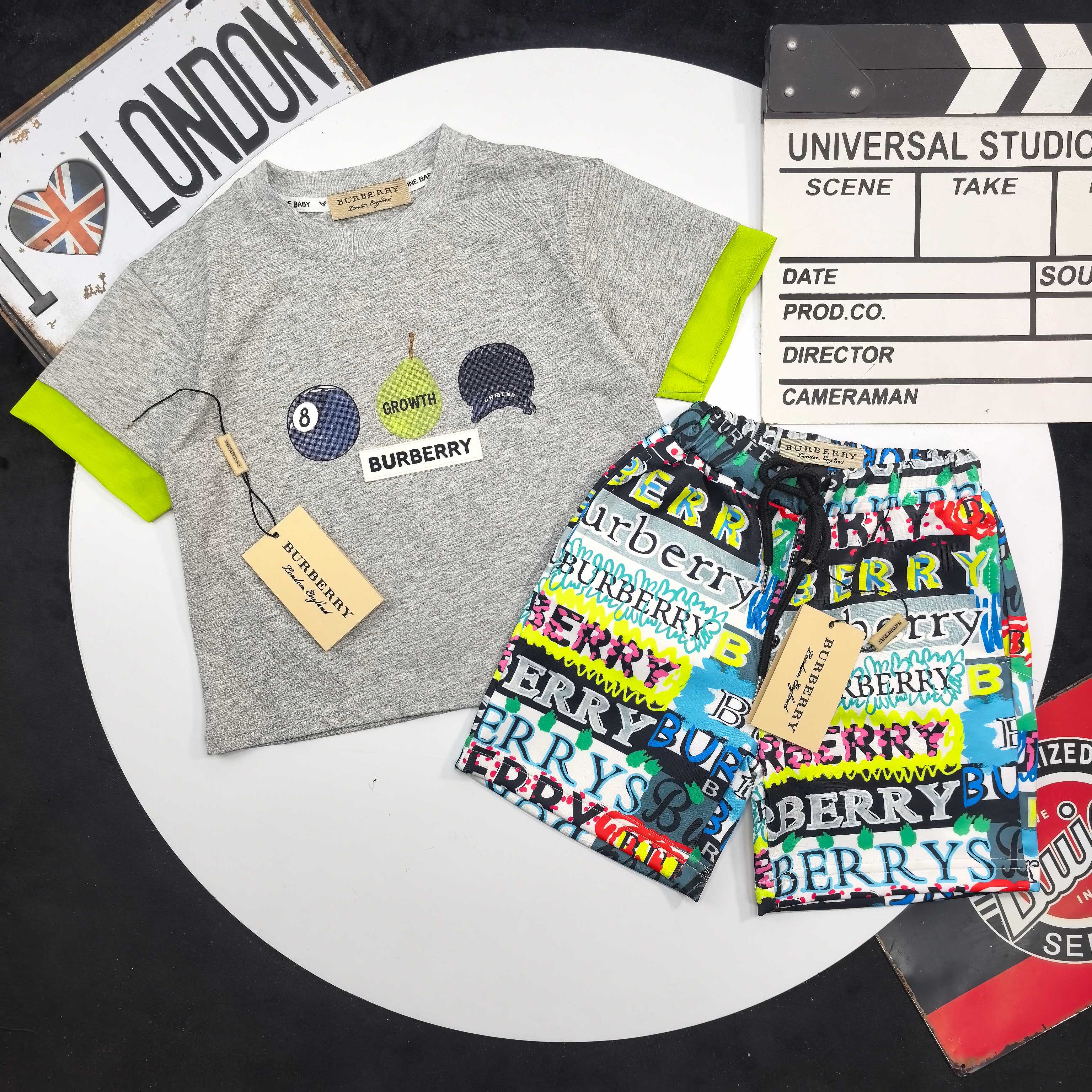 Burberry Unisex Kids Grey Lime Cuff Fruit Billiard Print Short Sleeve T Shirt & Colorful Graffiti Logo Drawstring Shorts Two Piece Matching Set Boys Girls Sizes 90-150