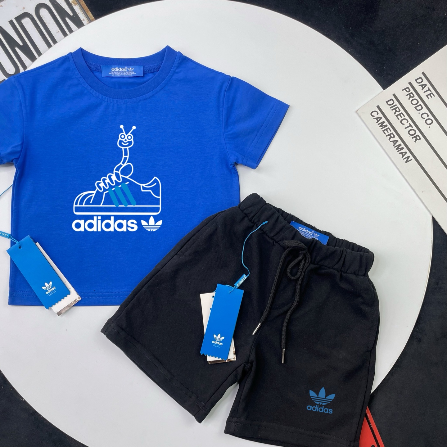 Adidas Kids 2Pcs Cute Cartoon Shoe Graphic Tee & French Terry Sweat Shorts Outfit For Boys Girls Full Original Tags Sizes 90-150