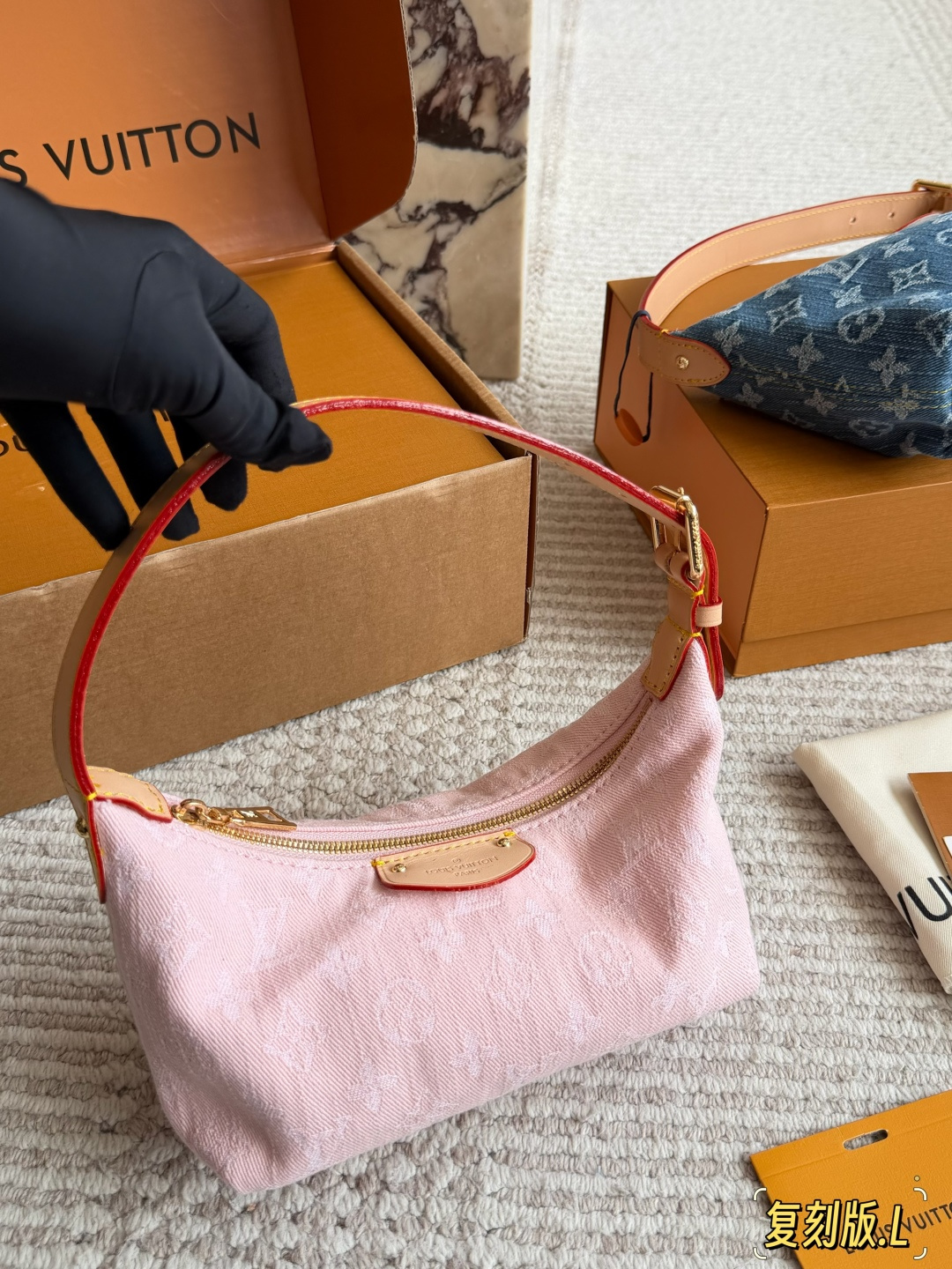 Louis Vuitton Denim Shoulder Bag with Leather Accents and Gold-Tone Hardware (Replica)