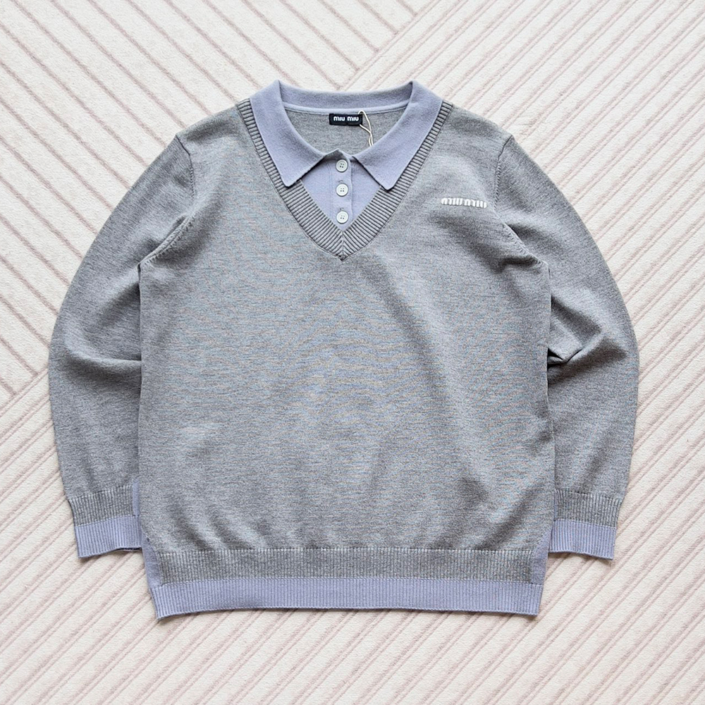 Designer blue Clothing MiuMiu Cashmere And Wool Polo Sweater Slate Gray Aviator Blue #394256 | Nigo Office