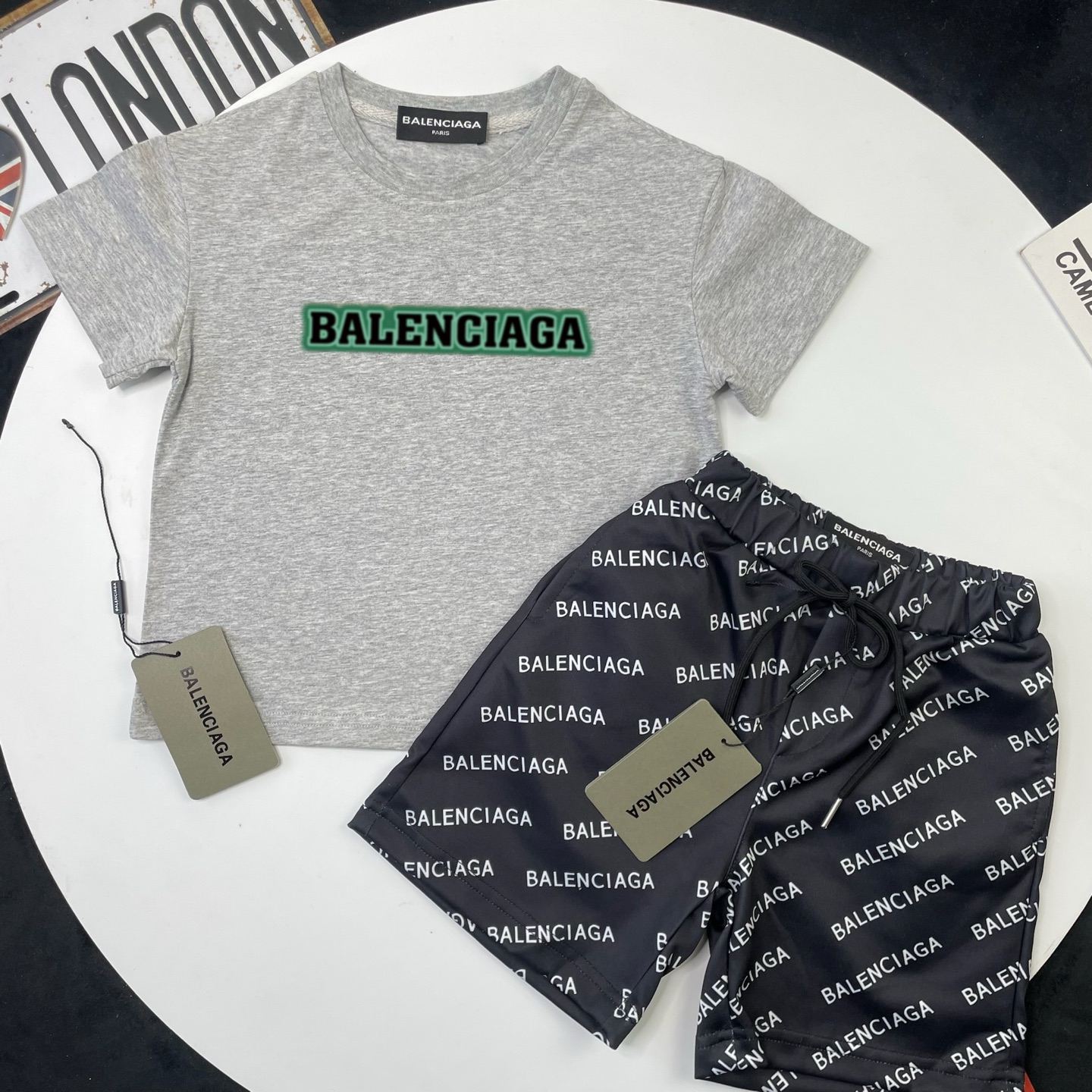 Balenciaga Unisex Kids Heather Gray Green Outline Logo Short Sleeve T-Shirt & Black All Over Letter Print Casual Shorts 2 Piece Outfit Boys Girls Sizes 90-150