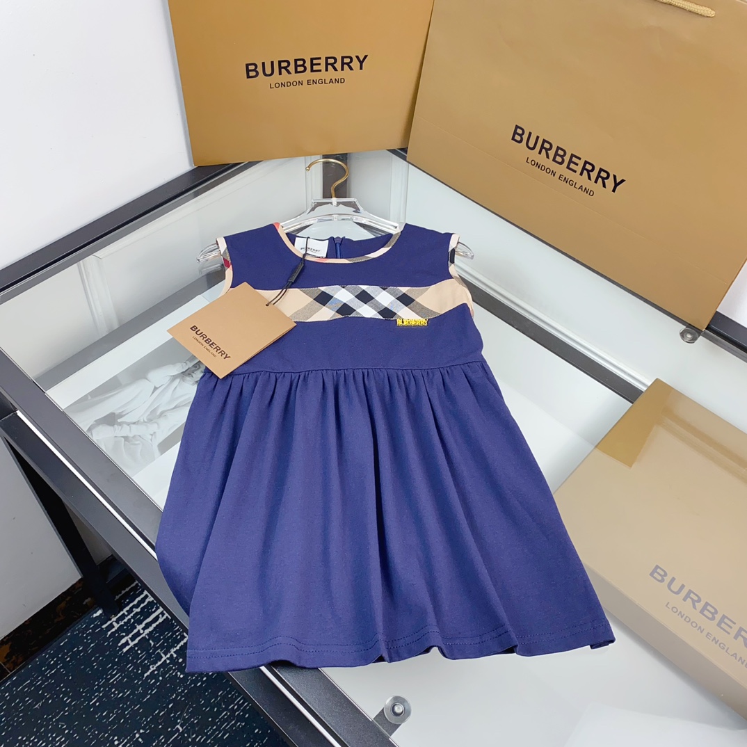 Burberry Baby Girls Navy Vintage Plaid Spliced Sleeveless A-Line Dress Toddler Kids Sizes 90-130