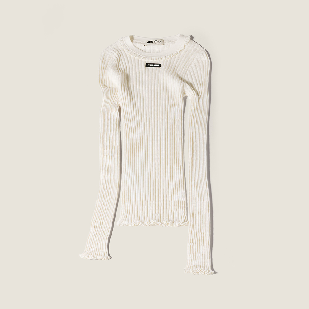 Designer white Clothing MiuMiu White Silk Crew-neck Sweater #393146 | Nigo Office