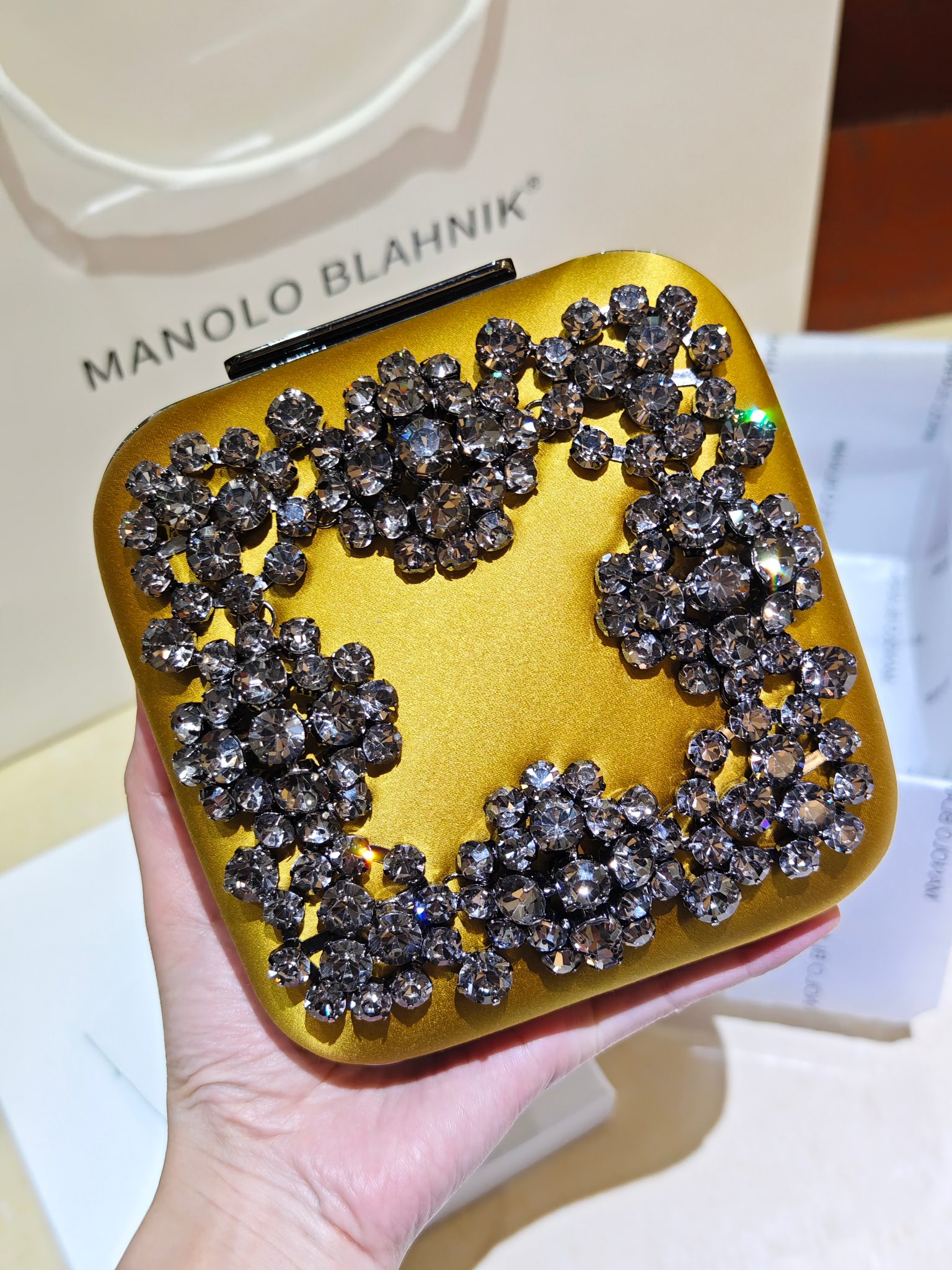 [TOP] MANOLO BLAHNIK Lace-patterned Square Bag 15.8*17*7.3cm - Yellow - 711 Luxury