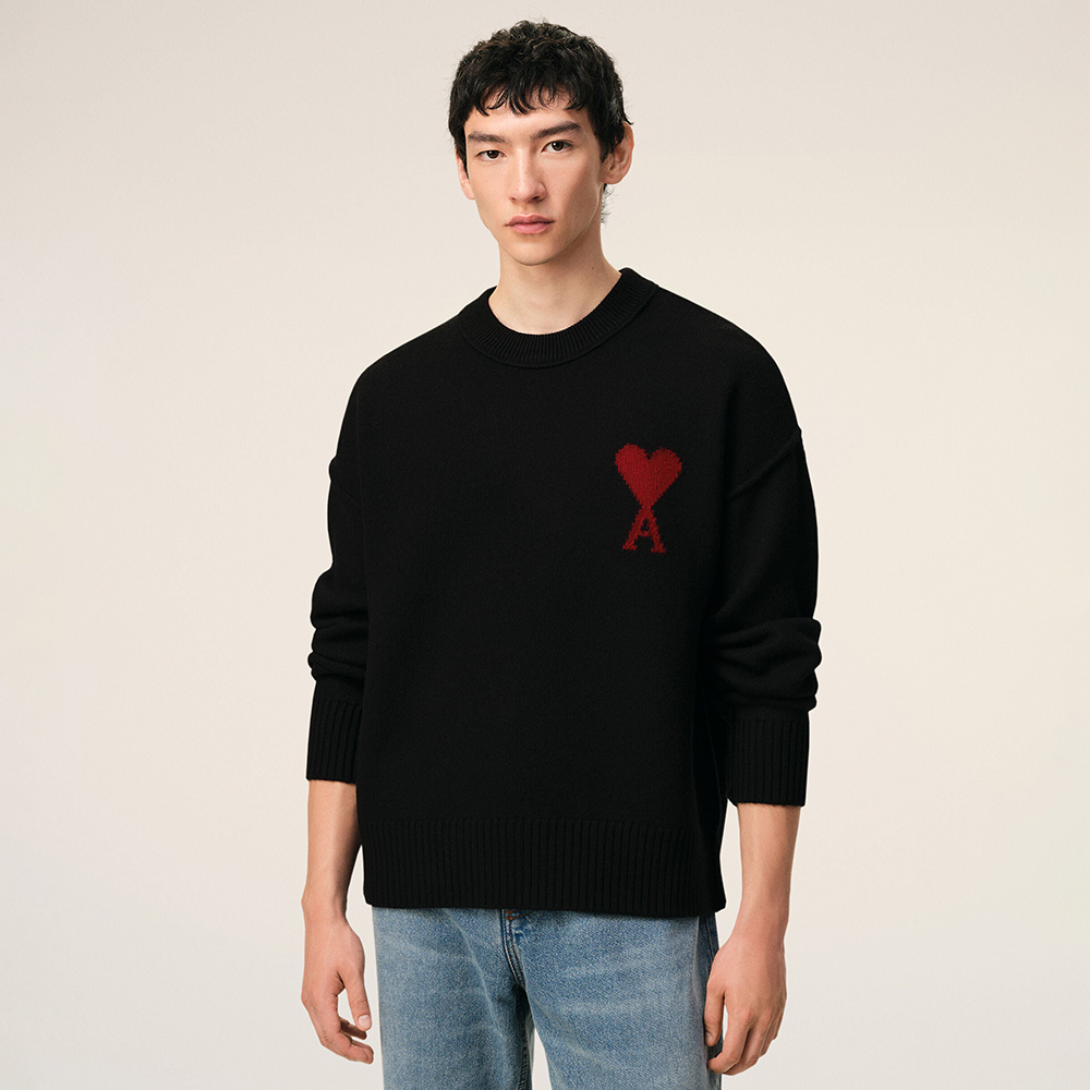 AMI PARIS BLACK RED Black Wool Ami De Coeur Crewneck Sweater #378509