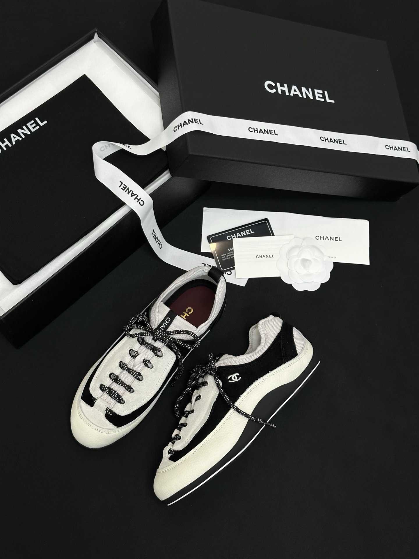 Chanel black Shoes CHANEL Sneakers Velvet Calfskin Mixed Fibers Black White #386505 View 2 | Nigo Office
