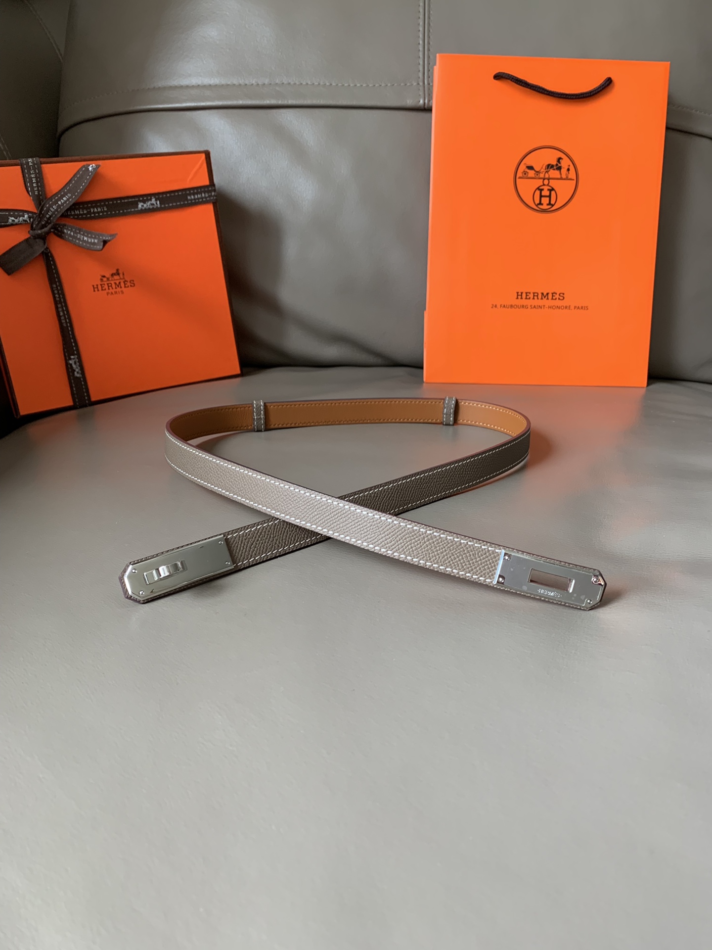 [TOP] HERMES Kelly Calfskin Belt 18mm - Gray - 711 Luxury