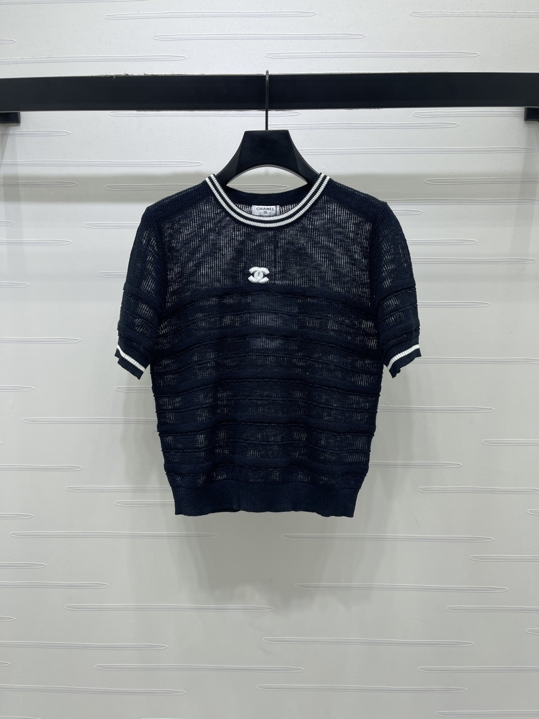 [TOP] CHANEL Double C Logo Cutout Knitted Short-sleeve T-shirt - Blue - 711 Luxury