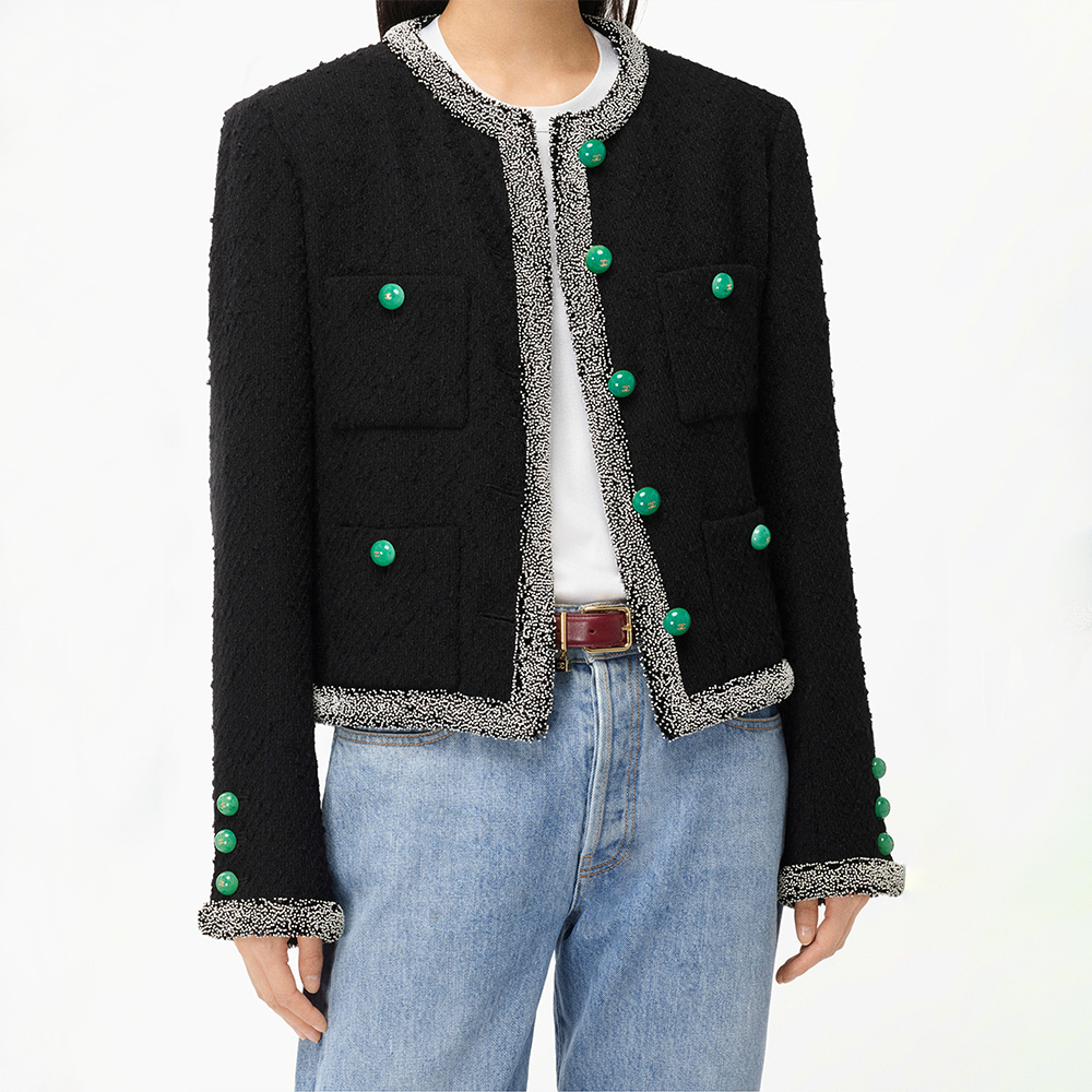 Chanel black Clothing CHANEL Jacket Embroidered Tweed White Green Black #393359 | Nigo Office