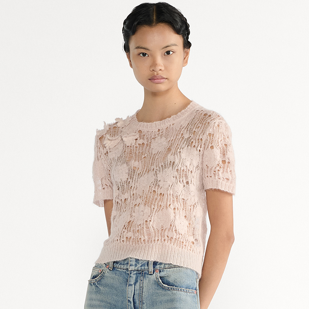 NIGO Dior Short-Sleeved Sweater Pink Openwork Silk-Mohair-Alpaca-Blend #nigo377647