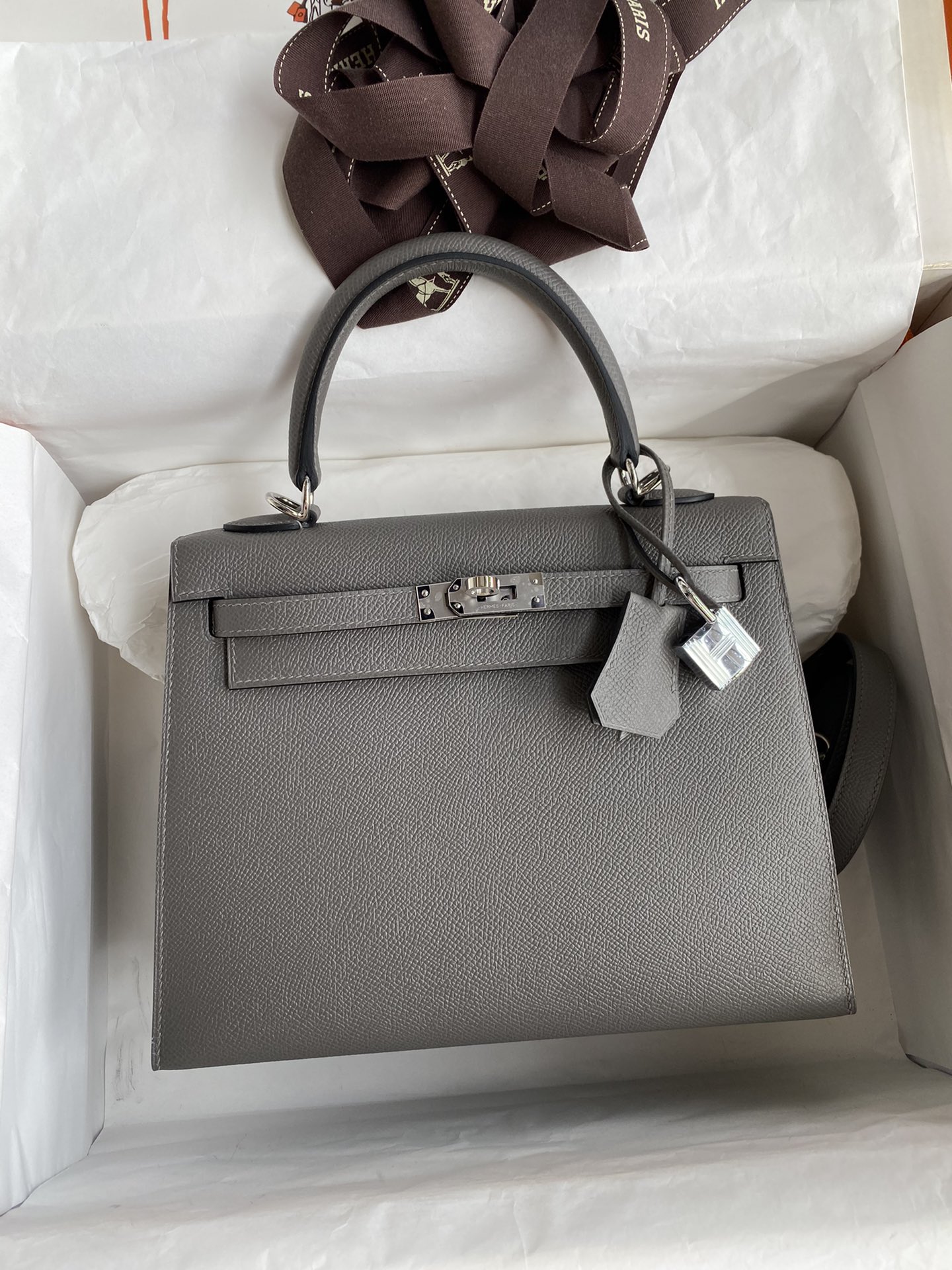 [TOP] HERMES Kelly Epsom Leather 25cm -  Gris Pantin & SHW