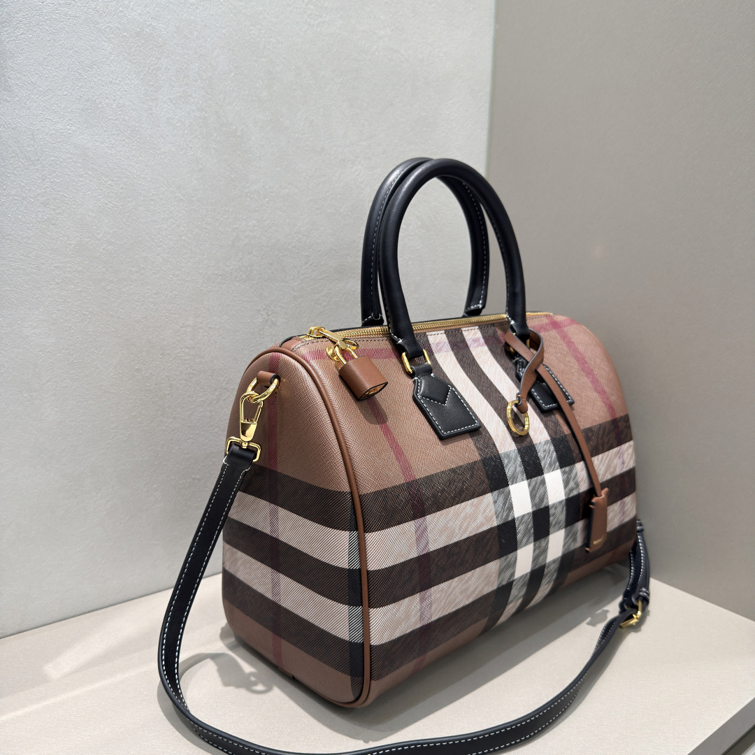 [TOP] BURBERRY Vintage Plaid Boston Bag 30x15x21cm - Brown - 711 Luxury