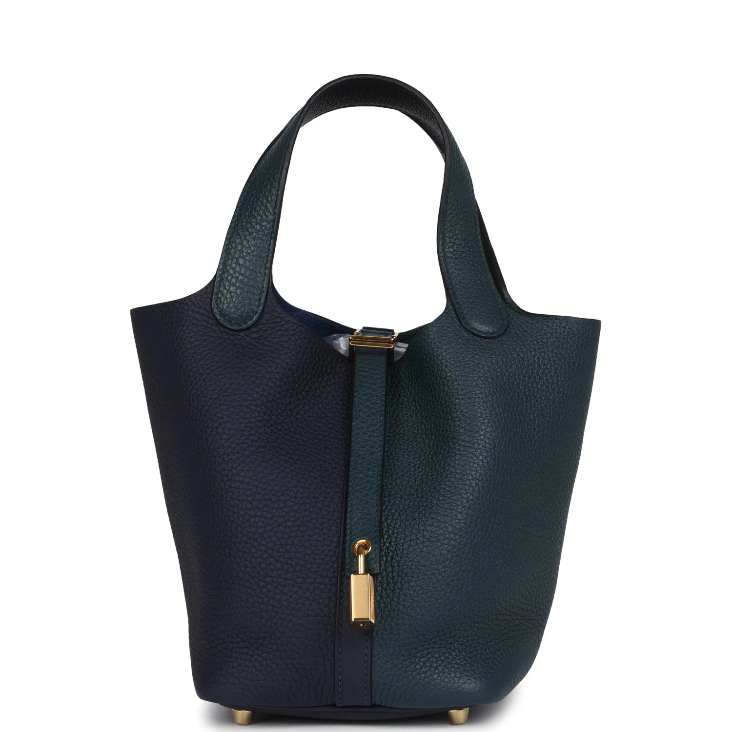 Hermes Picotin Lock  Casaque Bleu Nuit and Vert Cypress Clemence Gold Hardware