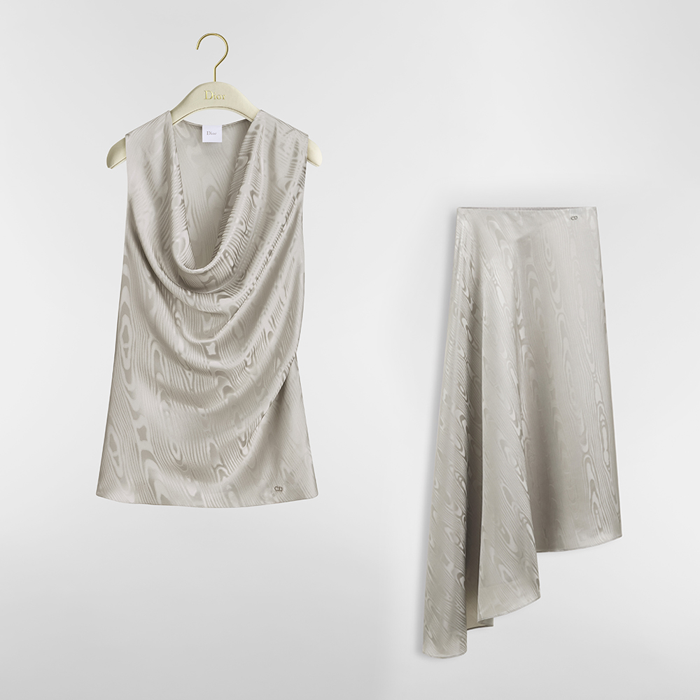 DIOR Draped Top Gray Asymmetric Mid-Length Skirt Moiré-Effect Silk Jacquard #386392