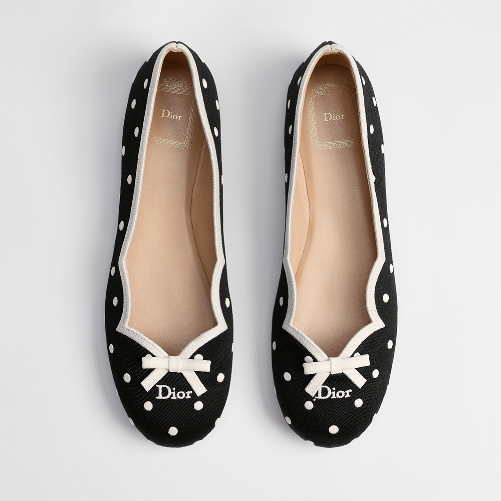 Dior black Shoes DIOR Dior Romance Ballet Flat Black Cotton Embroidered with White PolkaDior Motif #395846 | Nigo Office