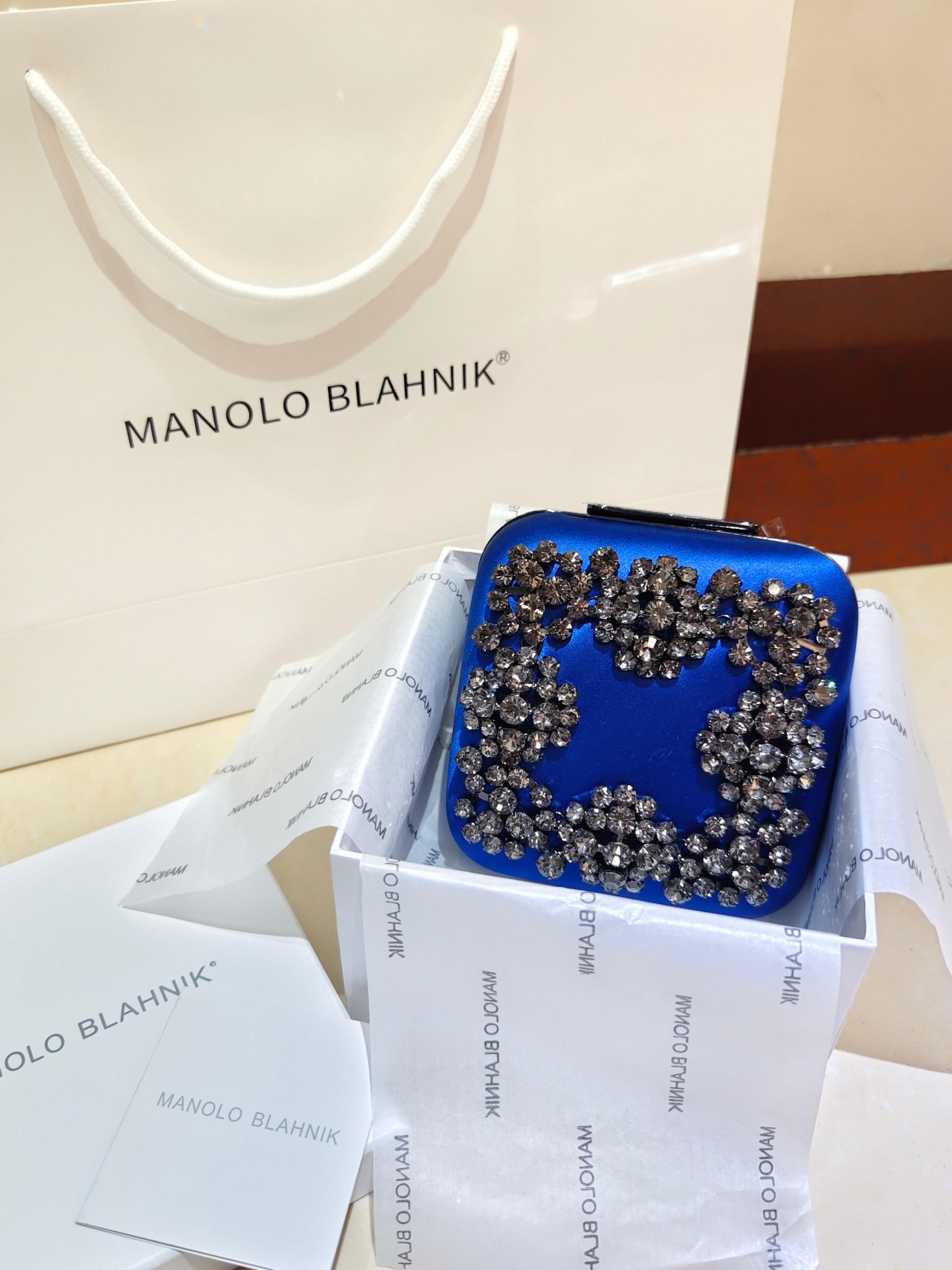 [TOP] MANOLO BLAHNIK Lace-patterned Square Bag 15.8*17*7.3cm - Blue - 711 Luxury