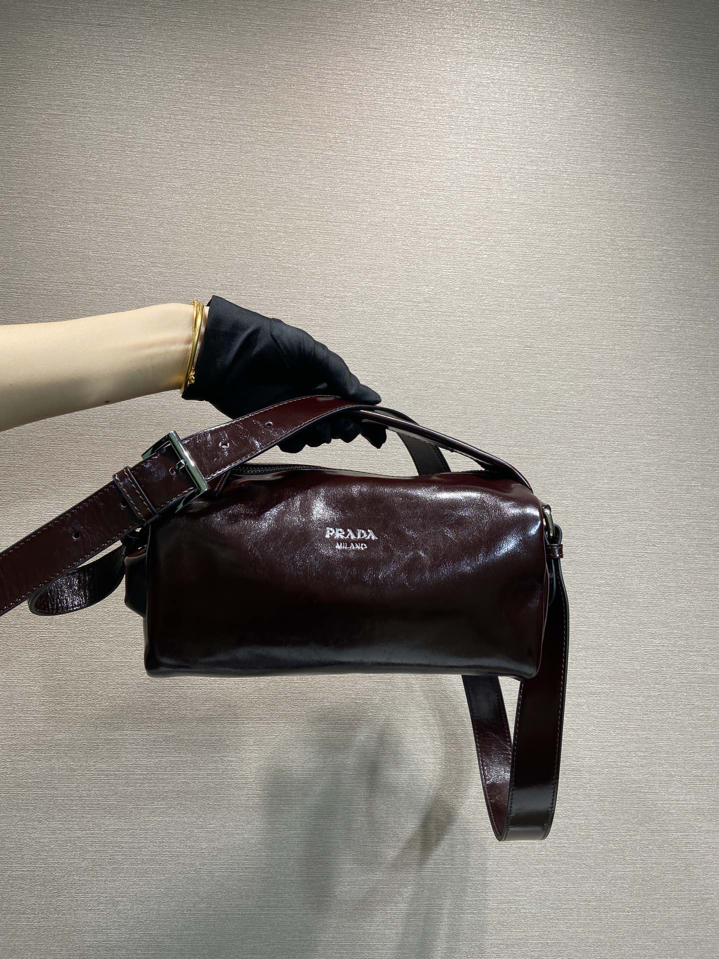 [TOP] PRADA Boston Bag Wax Leather 24x11x11cm - Chocolate